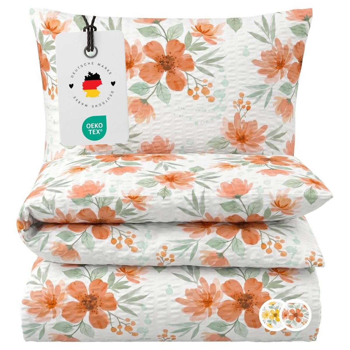 Carpe Sonno Bettwäsche Seersucker 135 x 200 155 x 220 Baumwolle Bügelfrei Sommer Blumen, Seersucker, 2 teilig, OEKO-TEX Bettbezug, Seersuckerbettwäsche mit Reißverschluss 155x220