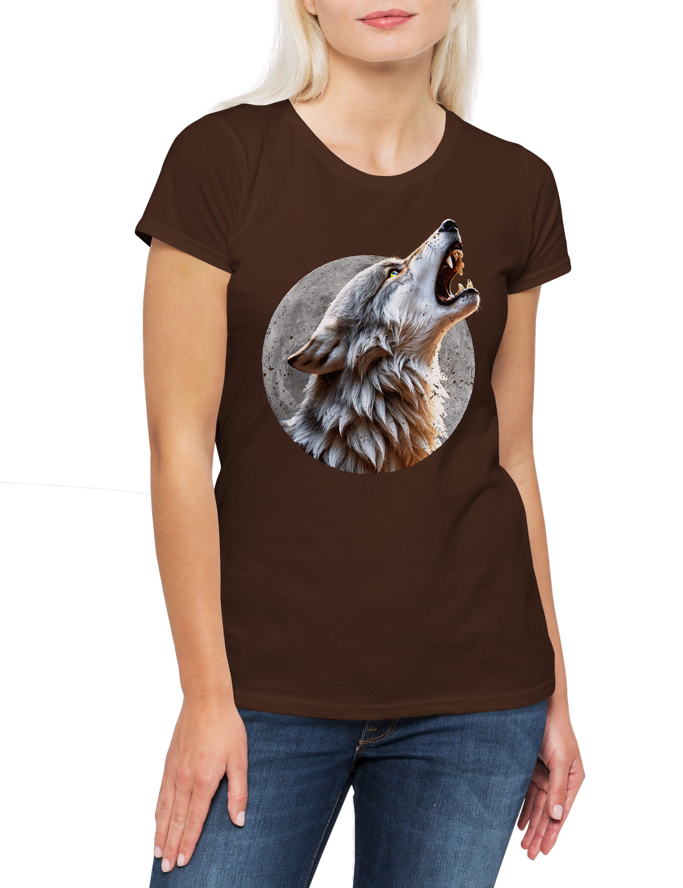 Print-Shirt Wolf Full Moon Damen T-Shirt Mond Wölfe Werwolf Wolves Werewolf