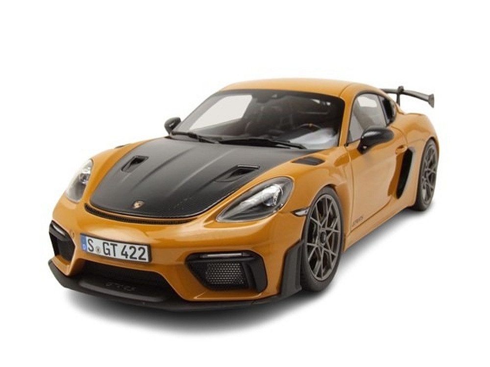 Norev Modellauto Porsche Cayman GT4 RS Weissach Package 2023 gelb schwarz, Maßstab 1:18