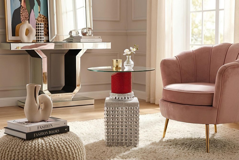 riess-ambiente Bistrotisch LIPSTICK 75cm rot/silber - Glas, Pop-Art, handgefertigt, modern, rund (Einzelartikel, 1-St), Pop-Art Beistelltisch - ideal für Küche, Essbereich oder Sitznischen