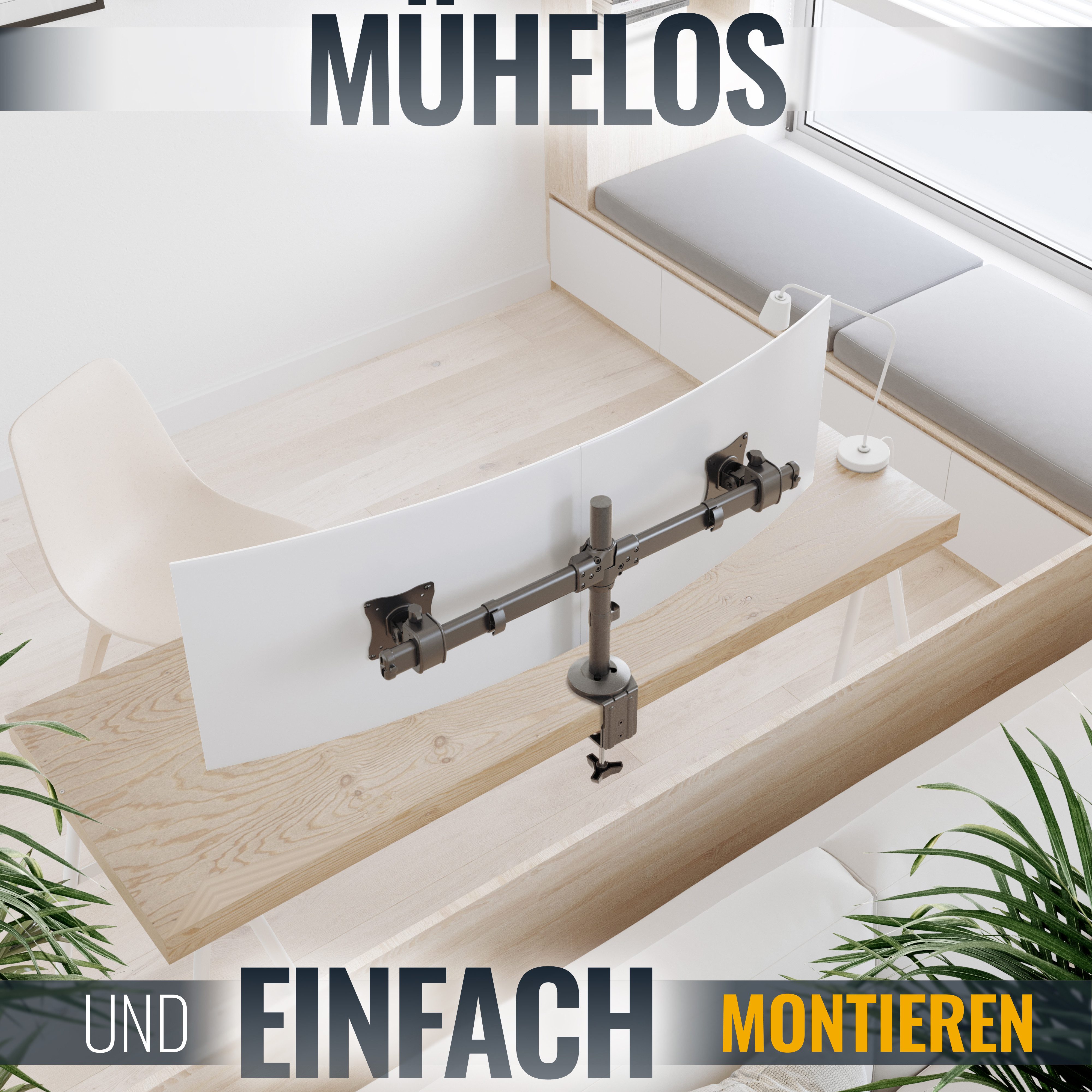 RICOO Monitor-Halterung Monitor Tischhalterung höhenverstellbar, für 2 Monitore TS6211, (bis 27 Zoll, VESA 75x75 und 100x100, 1-tlg., 8 kg pro Frontplatte, von 33-68 cm (13"-27) Bildschirm-Diagonale, neigbar bis 30°, schwenkbar bis zu 60°, vertikal verstellbar)