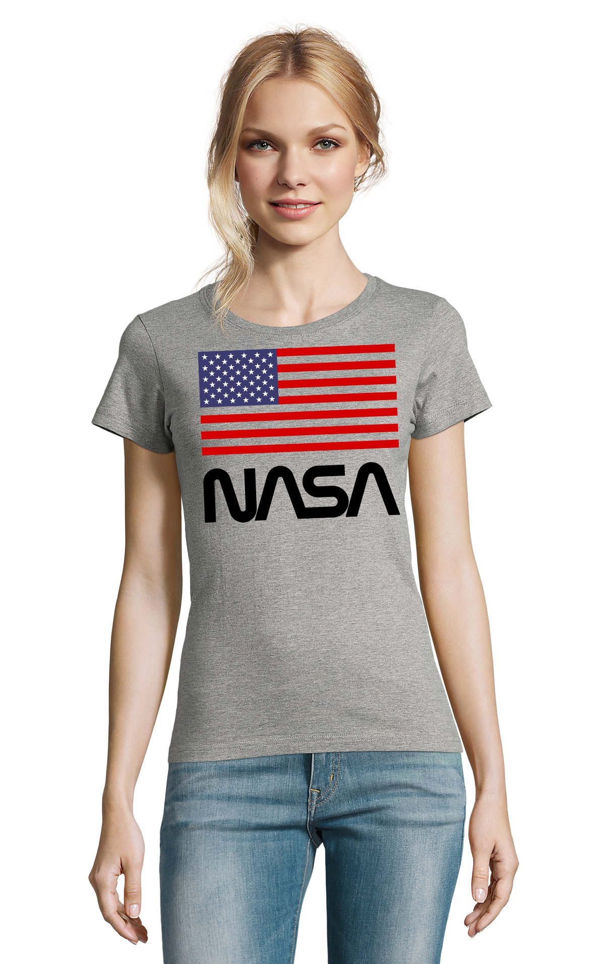 Blondie & Brownie T-Shirt NasaUSA Damen T Shirt NASA Flaggen Print Raumfahrt Motiv Shirt (Einzelstück, Einzelartikel) NasaUSA Damen Raumfahrt Flaggenprint
