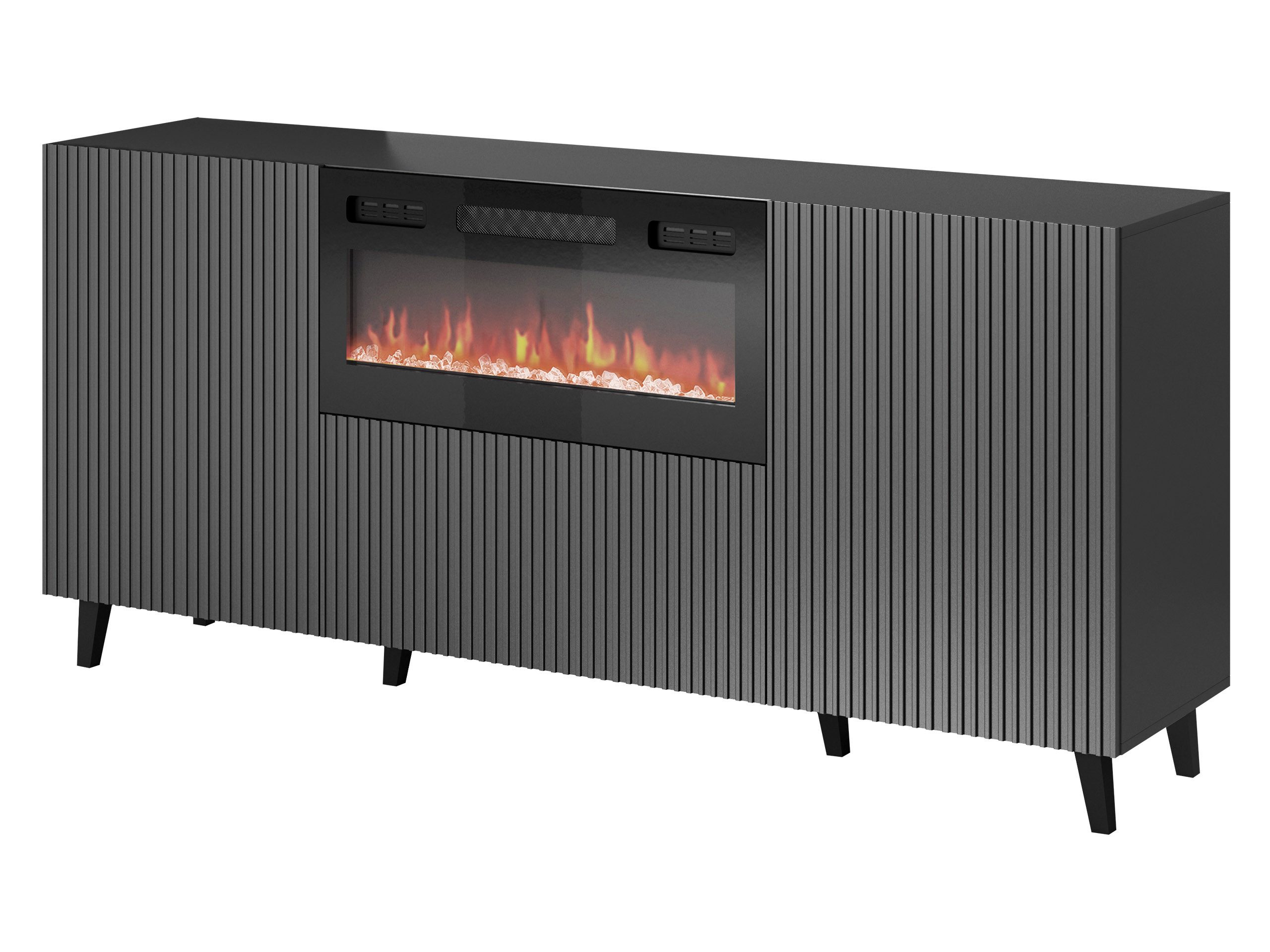 MIRJAN24 Kommode Vamos Grey 180 mit Kamin (mit 2 Türen und Klappe), Fronten gefräst, Realistische LED-Flamme