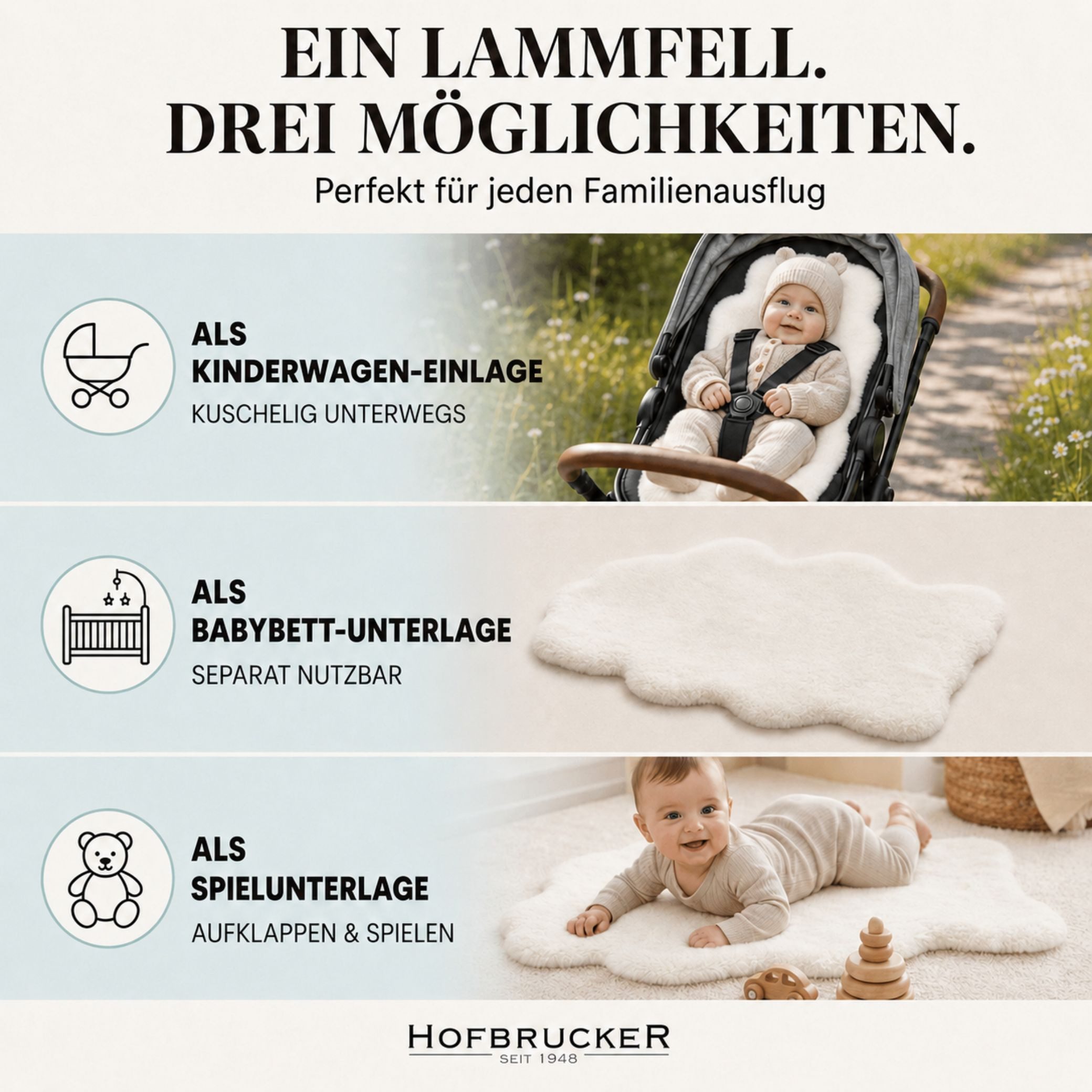 Babylammfell Baby Lammfell Exclusiv weiß, Hofbrucker seit 1948, Krabbelmatte Babyteppich aus 100% Lammfell pflanzlich gegerbt 90 cm – Bild 4 von 5
