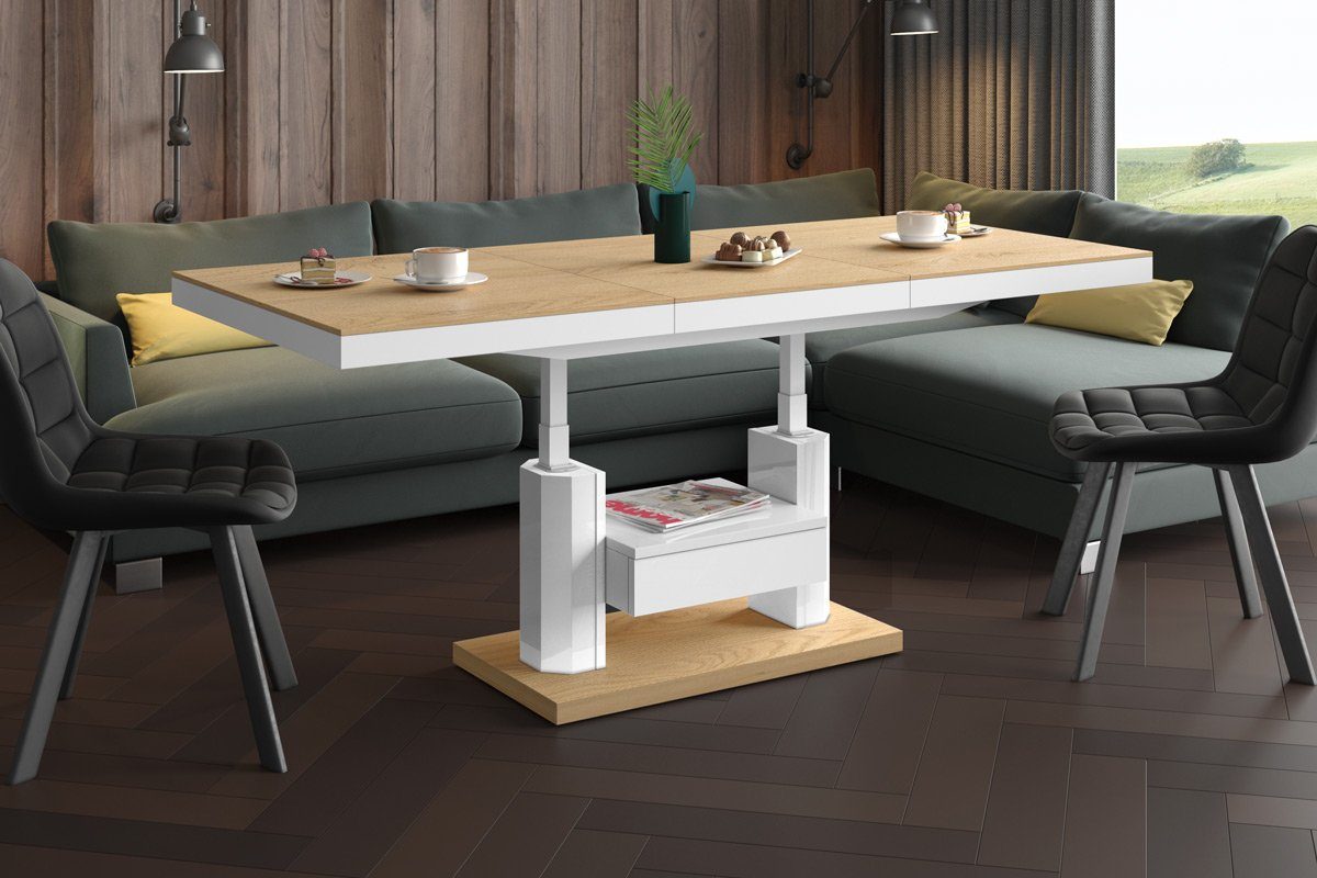designimpex Couchtisch Design Eiche HM-120 stufenlos Natur - Hochglanz Hochglanz höhenverstellbar Weiß Tisch ausziehbar