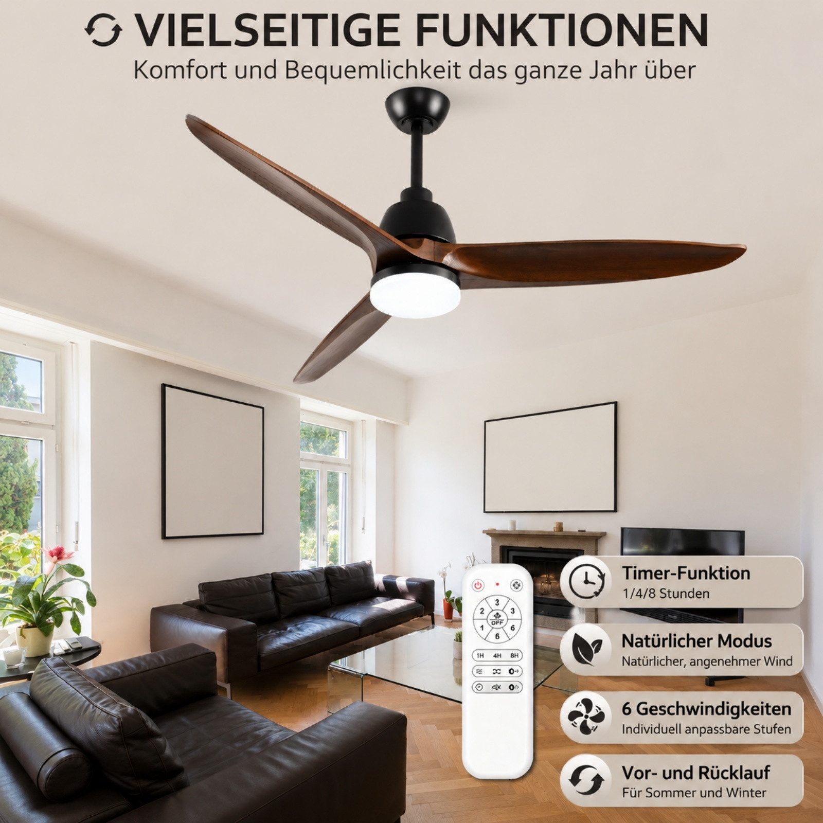 Blossom Deckenventilator 56Zoll-Deckenventilator mit Licht, Massivholzflügeln, 3CCT LED, 142 cm Durchmesser, DC-Motor und Fernbedienung für Wohnzimmer Schlafzimmer Winter Sommer