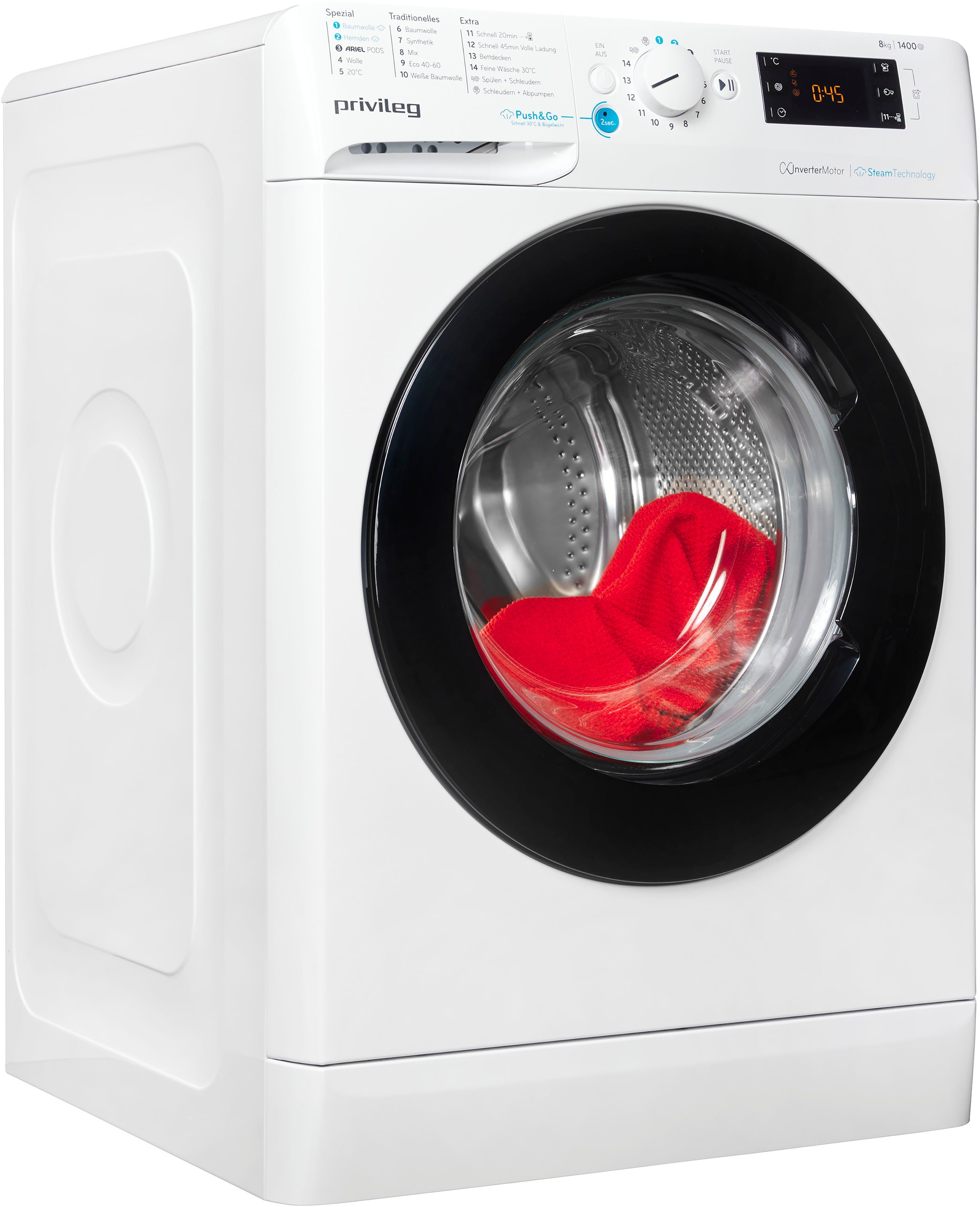 Privileg Waschmaschine PWFV X 873 A, 8 kg, 1400 U/min, Dampf-Programme für Baumwolle und Hemden – glättet die Fasern