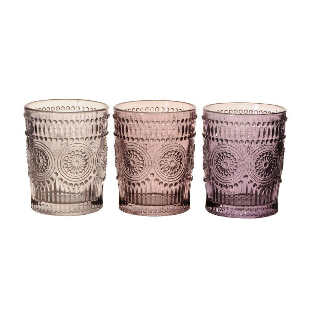 Posiwio Teelichthalter 3tlg. Windlicht SUMMER rose flieder aus Reliefglas H10cm Teelichthalter (3 Farben)