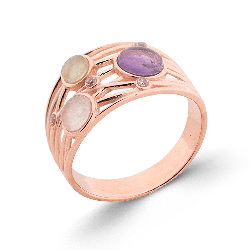 S&A Jewellery Design Silberring aus 925 Silber mit Amethyst, Quarz und Prehnit (Set, 1-tlg), 925 Sterling Silber Silberschmuck für Damen