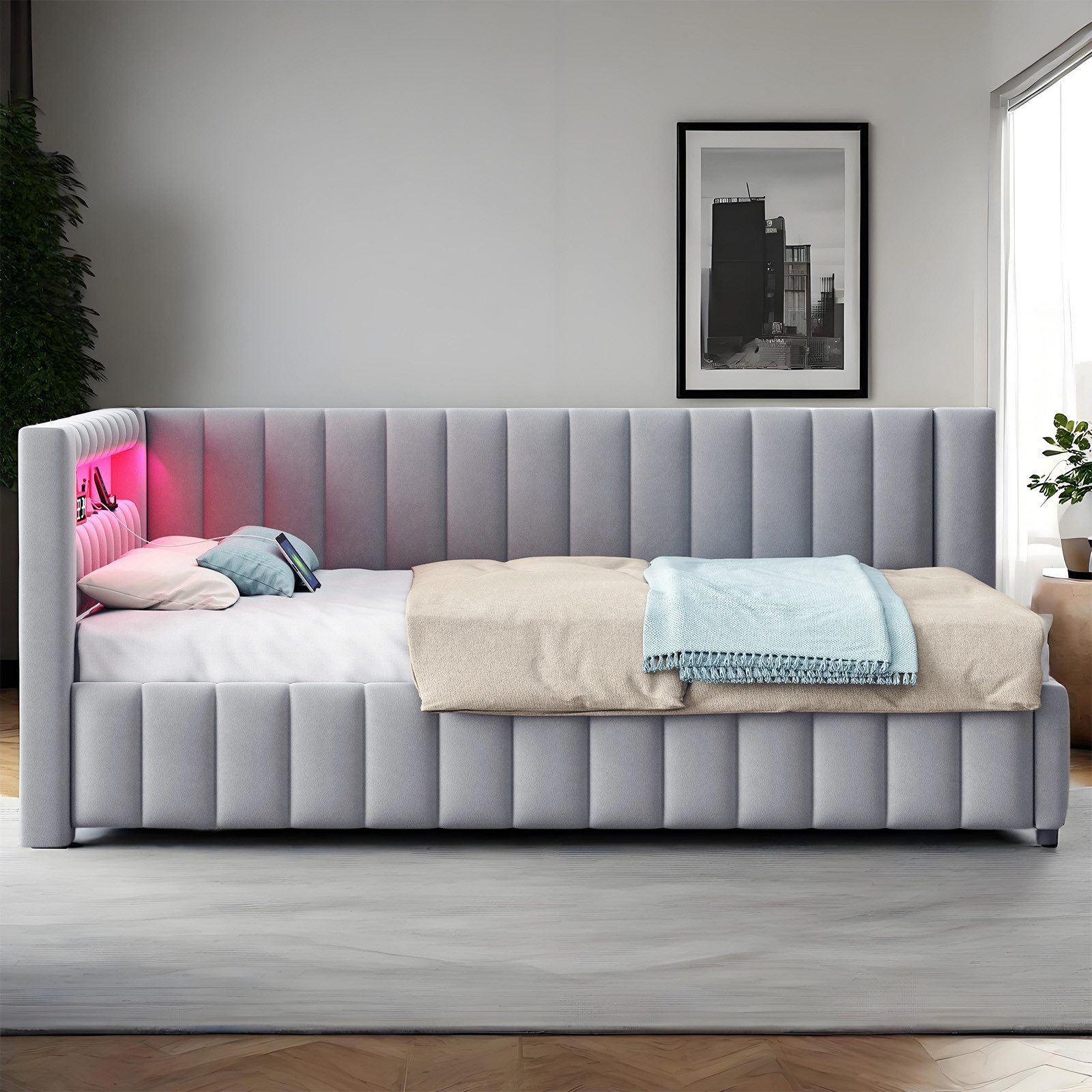 MODFU Polsterbett Kinderbett (140x200 cm mit LED-Lichtstreifen, USB-Ladeans günstig online kaufen