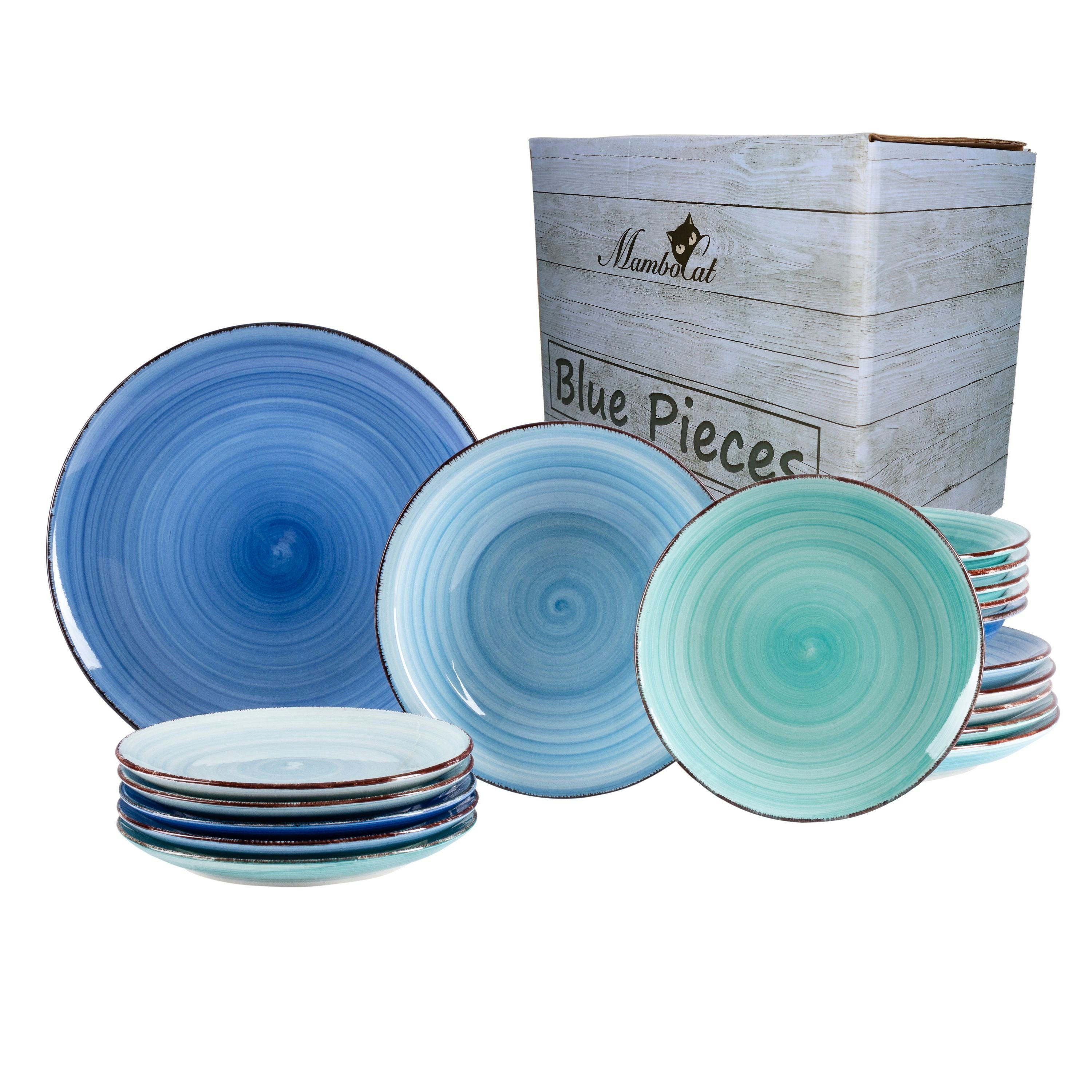 MamboCat Teller-Set 18tlg. Tellerset Blue Curacao 6 Personen verschiedene Blau-Töne, Steingut