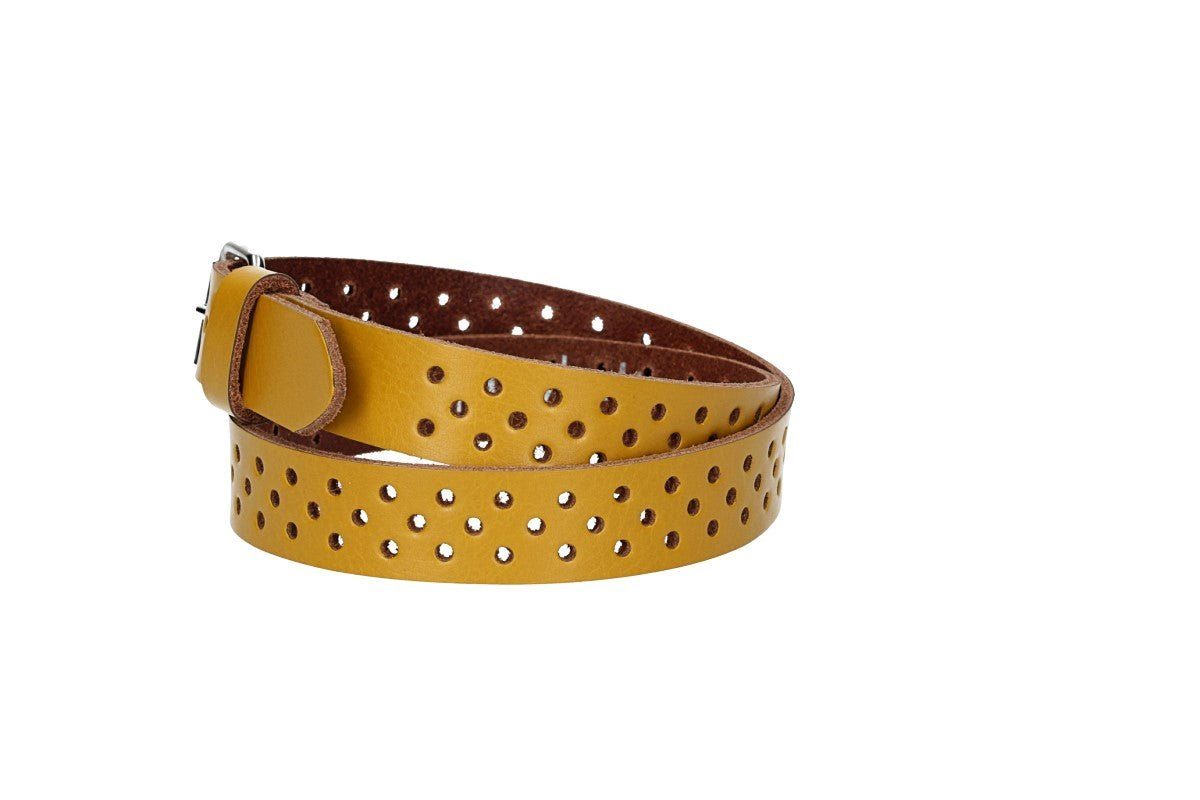 kiddybelts Ledergürtel Mini 20mm in Gelb mit durchgehender Lochung und dunkler Rollschließe (KB18-290, 1-St) sehr weiches Vollrindleder