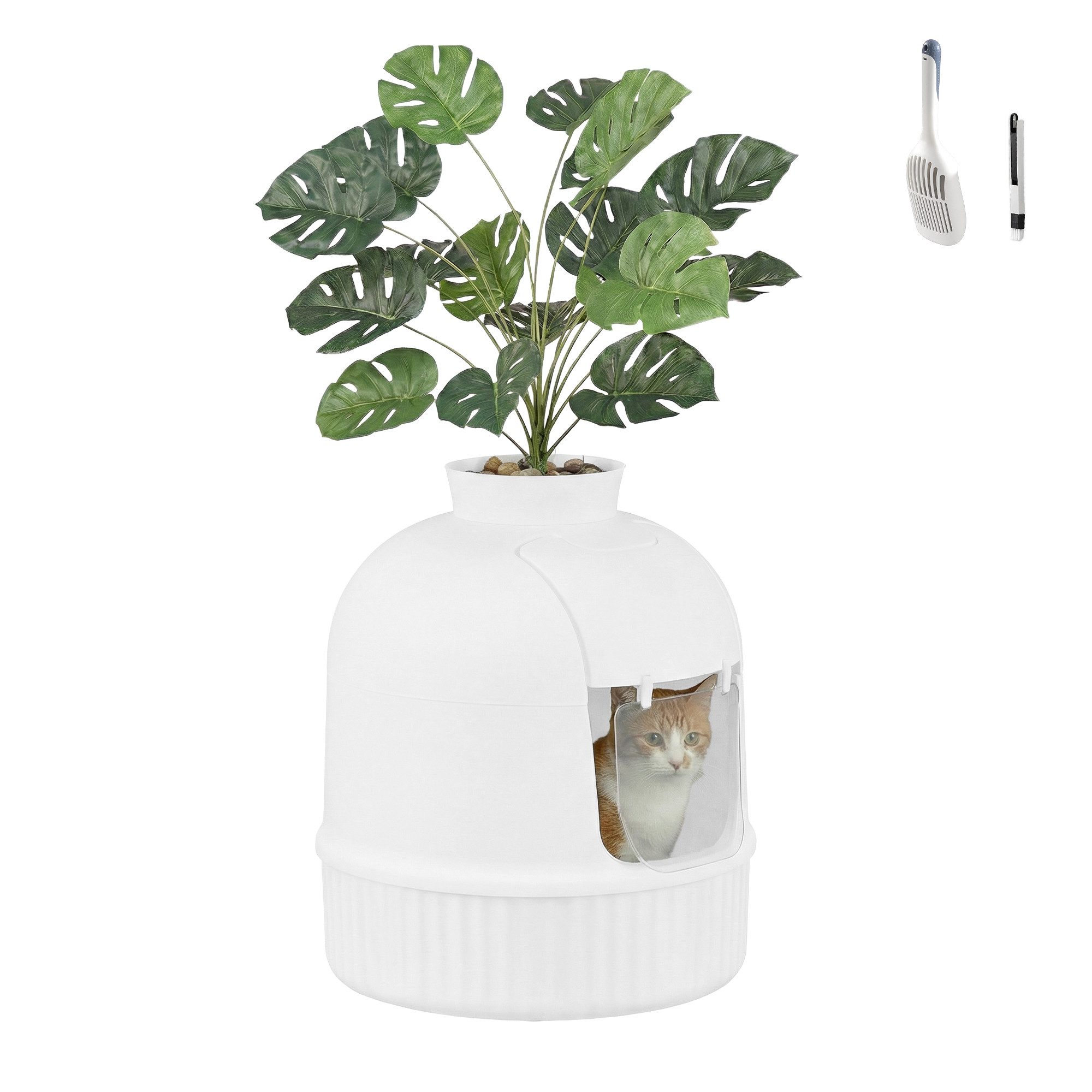 FEANDREA Katzentoilette Katzenklo Blumentopf, versteckte, Schaufel, Bürste, 49 x 49 x 59 cm, mit künstlicher Pflanze, Kohlefilter, Geruchskontrolle, Kieselsteinen