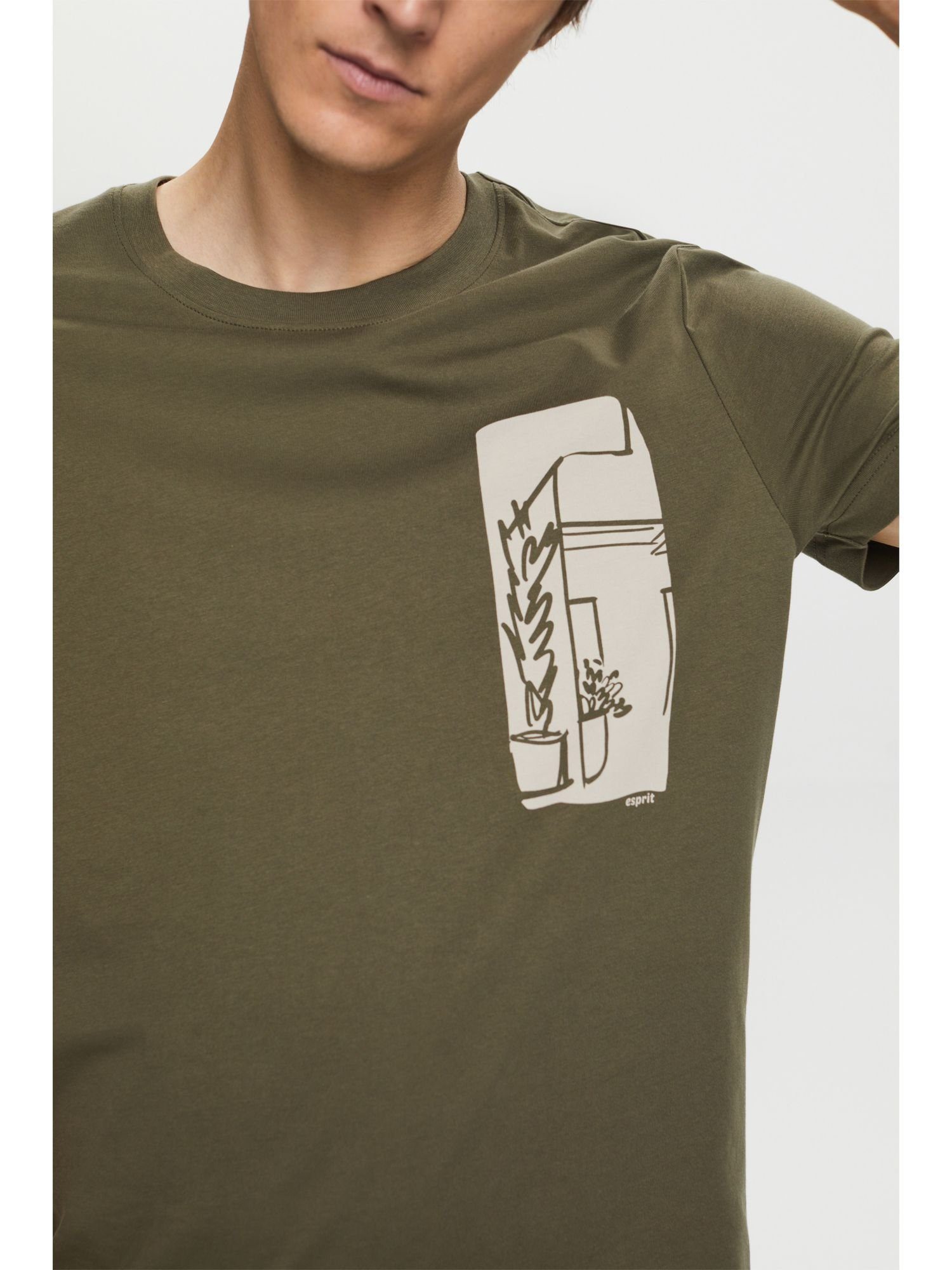 edc by Esprit T-Shirt mit T-Shirt Frontprint, Baumwolle GREEN KHAKI 100% (1-tlg)