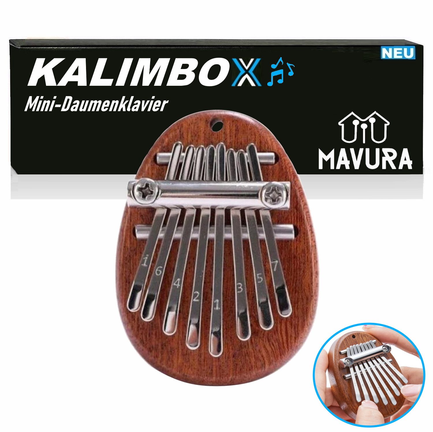 MAVURA Spielzeug-Musikinstrument KALIMBOX Mini Daumenklavier Kalimba Finger Musikinstrument, aus Mahagoni Holz Daumen Klavier Thumb Piano Holz Keyboard