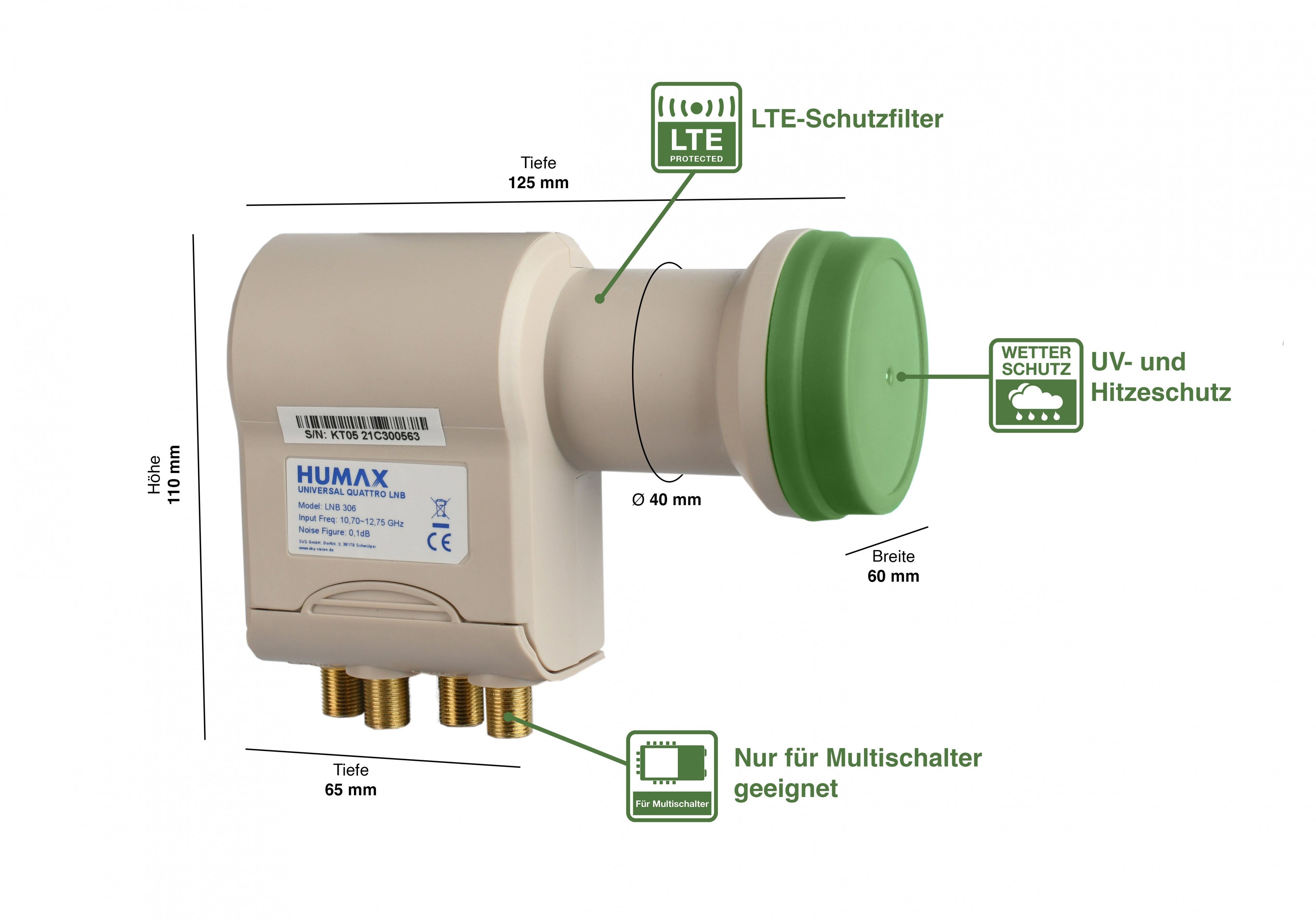 Humax Green Power Quattro-LNB 306, stromsparend Universal-Quattro-LNB (für Multischalter, Umweltfreundliche Verpackung)