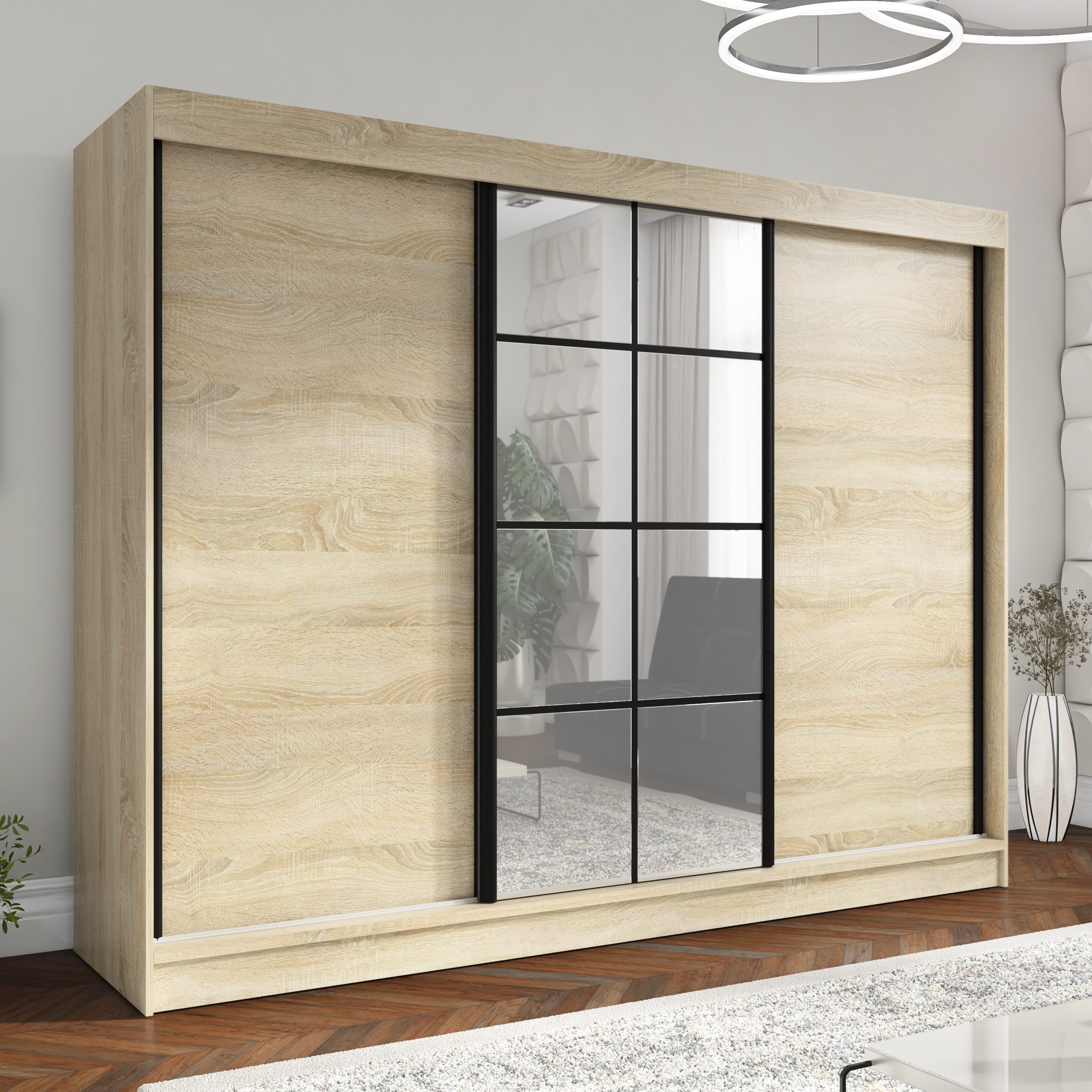 A&J MöbelLand GmbH Schiebetürenschrank ORAVELLE 3-türiger Kleiderschrank mit Spiegel, 4 Schubladen (TOP ANGEBOT! Geräumiger Schrank mit einer Breite von 200 cm und Spiegel, ideal zur Aufbewahrung von Kleidung und Accessoires. 4 Schubladen gratis und viel Stauraum. TOP PRODUKT! Wählen Sie das ideale Modell für Ihr Schlafzimmer!, Gratis 4 Schubladen – Katalogpreis der Schubladen 219 Euro) Breite: 200 cm, Höhe: 215 cm, Tiefe: 59,5 cm