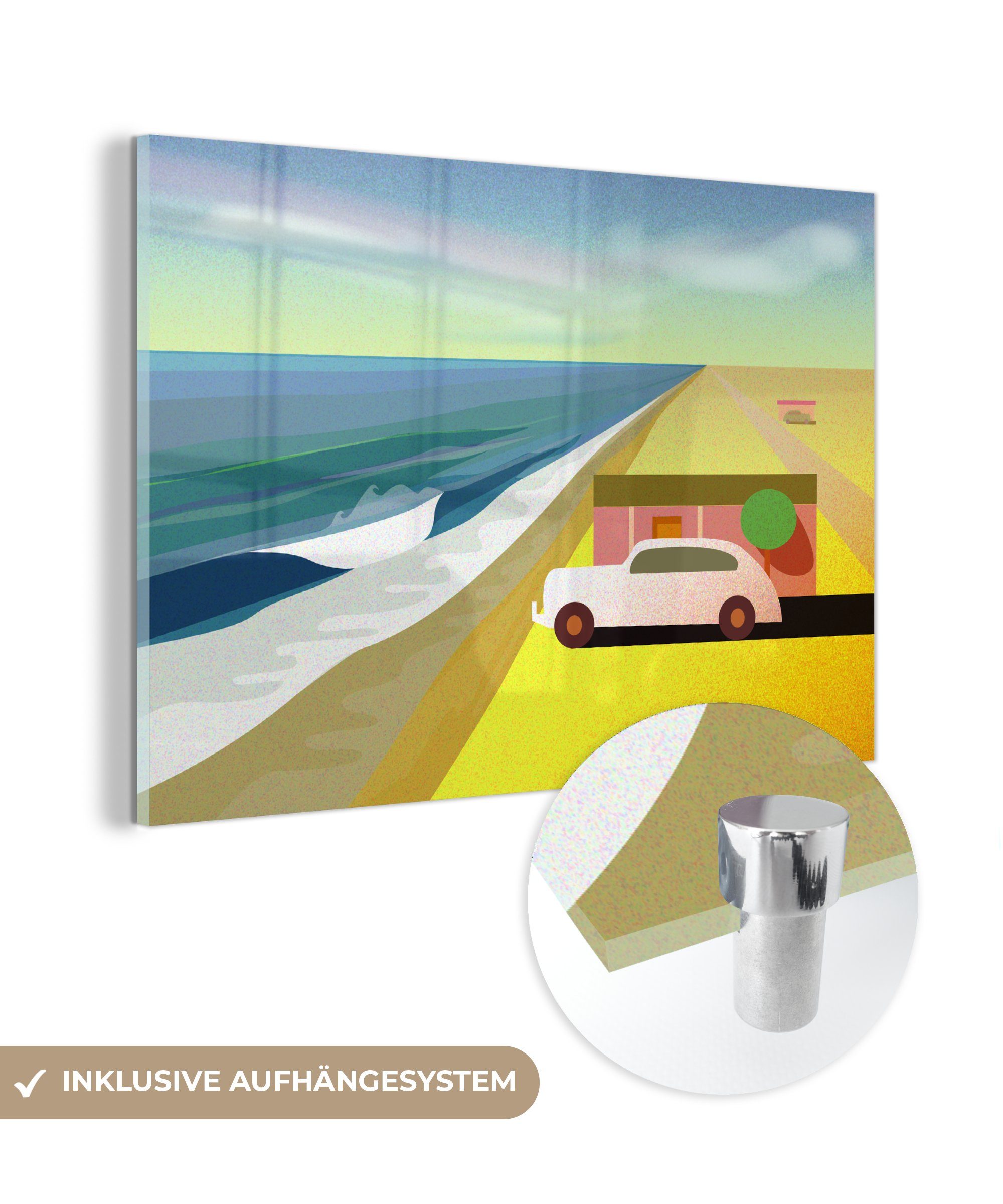 MuchoWow Acrylglasbild Strandhaus am Meer mit einer brechenden Welle auf dem Kunstwerk, (1 St), Acrylglasbilder Wohnzimmer & Schlafzimmer | Bilder