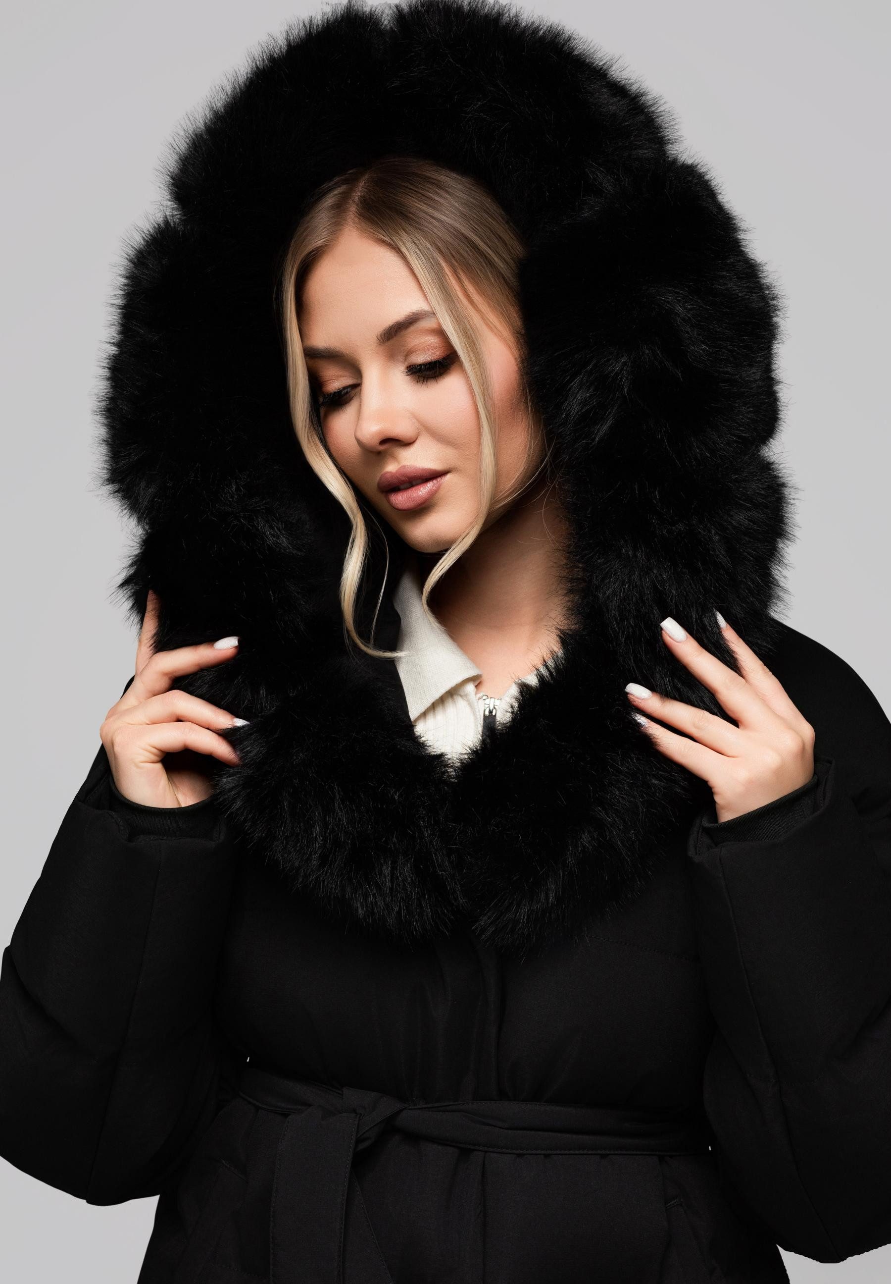 OMBRE Winterjacke Warme Damen Steppjacke mit Gürtel und abnehmbarem Kunstpe günstig online kaufen