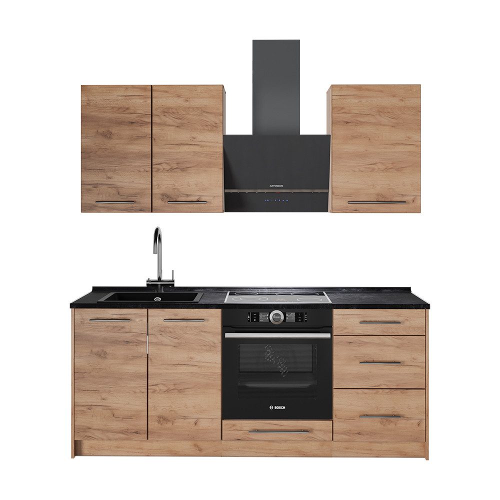 Vicco Küchenzeile Fame-Line, Goldkraft Eiche/Goldkraft Eiche, 190 cm Arbeitsplatte An...