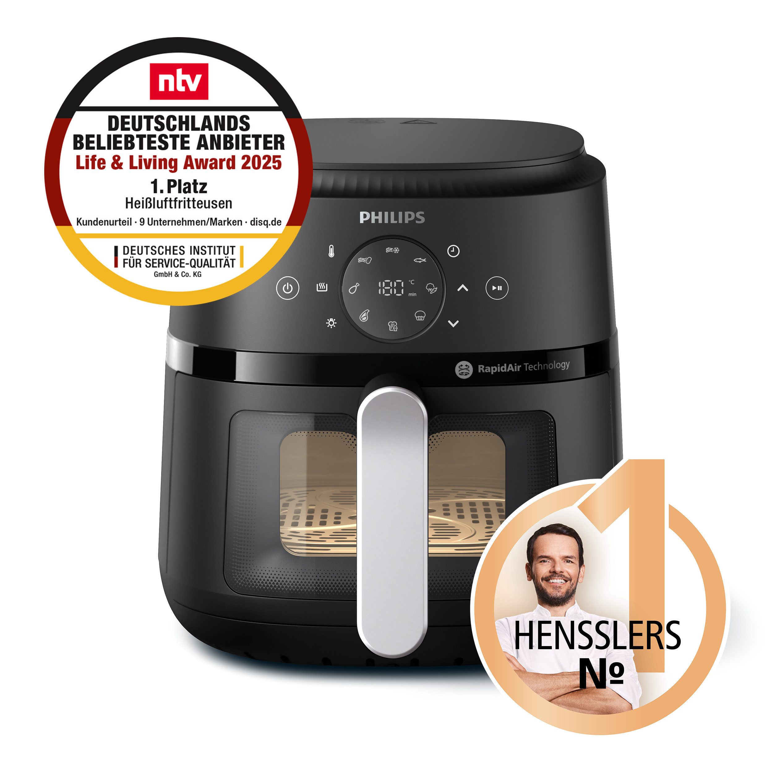 Philips Heißluftfritteuse Airfryer 2000 NA221/00, mit 4.2L, Sichtfenster, 1500 W, RapidAir Technologie und 13 Kochfunktionen; Schwarz/Silber