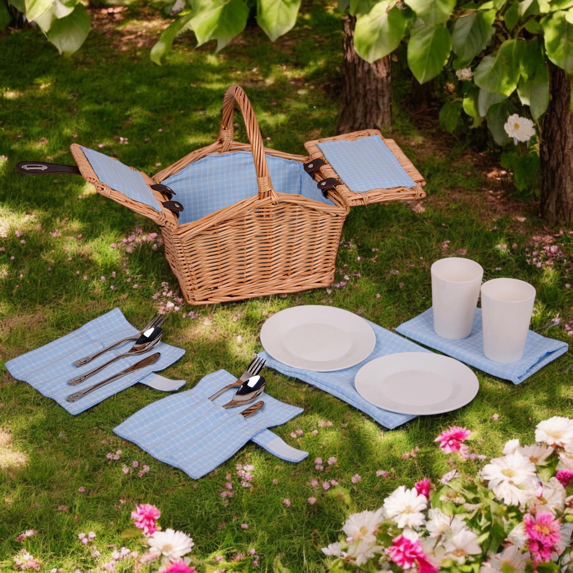 UNUS GARDEN Picknickkorb Kinder, für 2 Personen (ca. 27 x 20 x 30 cm, Blau), Rechteckig inklusive Besteck und Geschirr