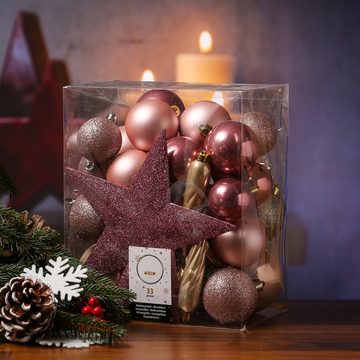 MARELIDA Weihnachtsbaumkugel Weihnachtskugeln mit Stern Baumspitze bruchfest creme rosa 33er Set (33 St)