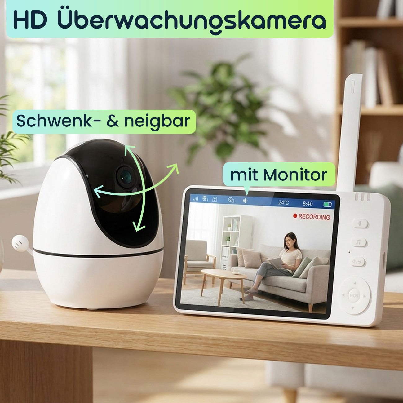 shop'n smile ideoon Überwachungskamera HD Kamera mit Monitor: SOS-Funk, Nachtsicht & Gegensprechen (Kamera Auflösung: 1280 x 720 Pixel)