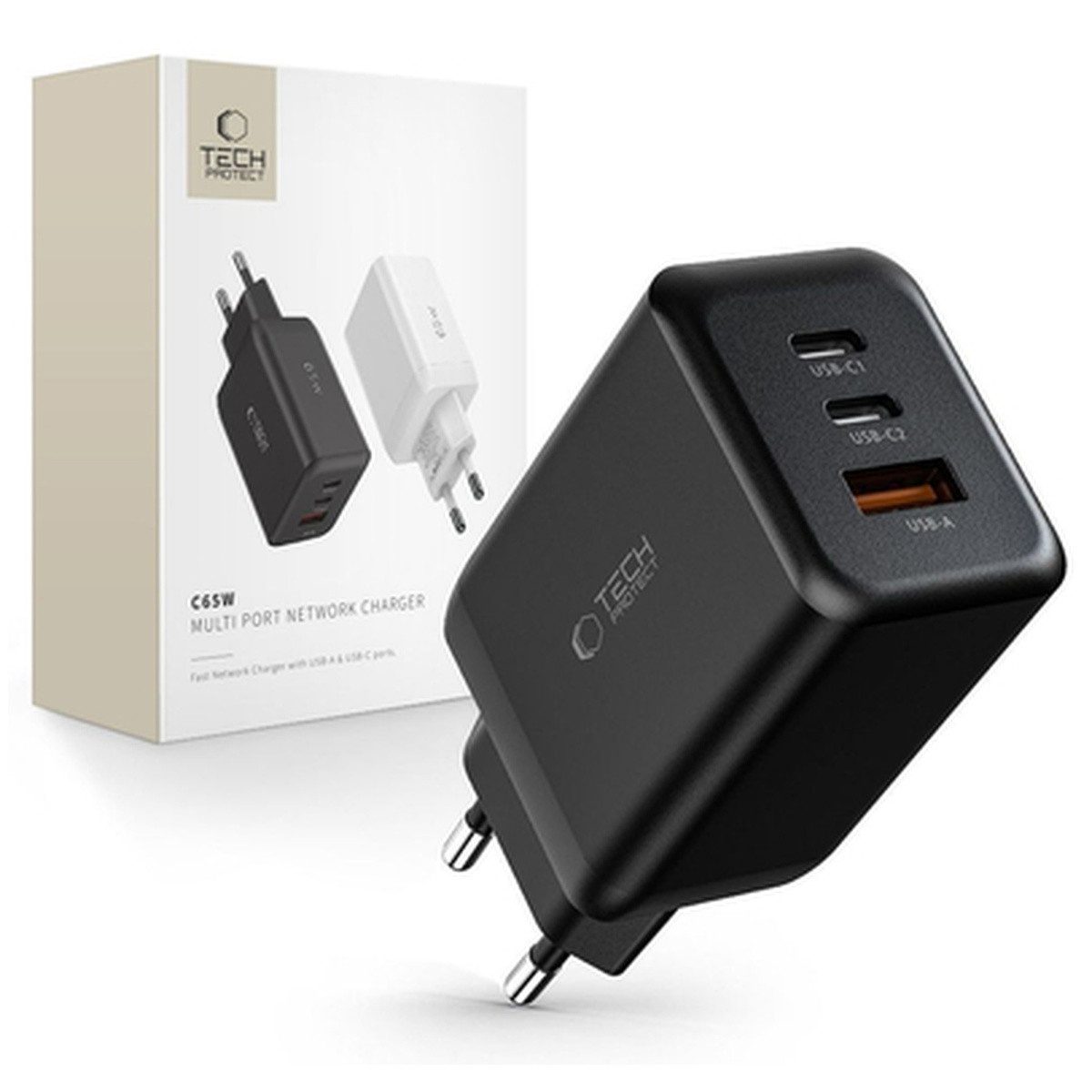 TECH PROTECT Tech Protect C65W NetzwerkLadegerät 2x USB-C PD 65W USB-A QC Smartphone-Ladegerät