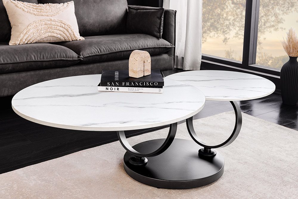 riess-ambiente Couchtisch DANCING RINGS weiß/schwarz - rund, Marmor-Design, Keramik, drehbar (Einzelartikel, 1-St), mit 2 Ebenen & Drehmechanismus – ideal für W – Bild 3 von 5