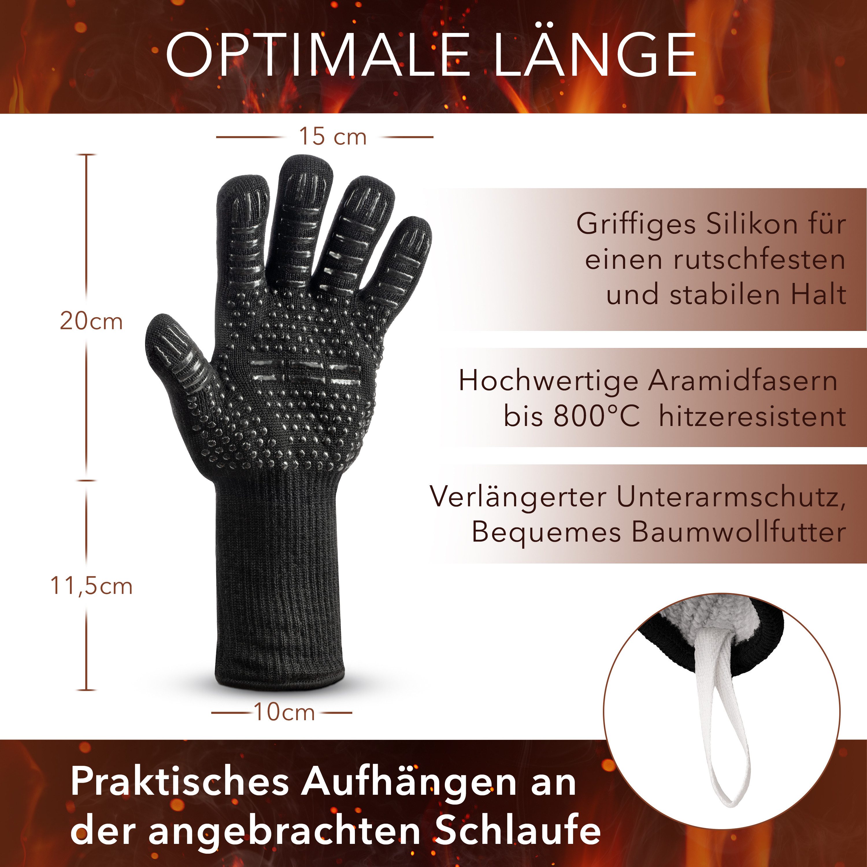 AVANA Grillhandschuhe Aramid Ofenhandschuhe Backhandschuhe Topfhandschuhe BBQ Handschuhe, Hitzebeständig bis zu 800 ° C, Schwarz
