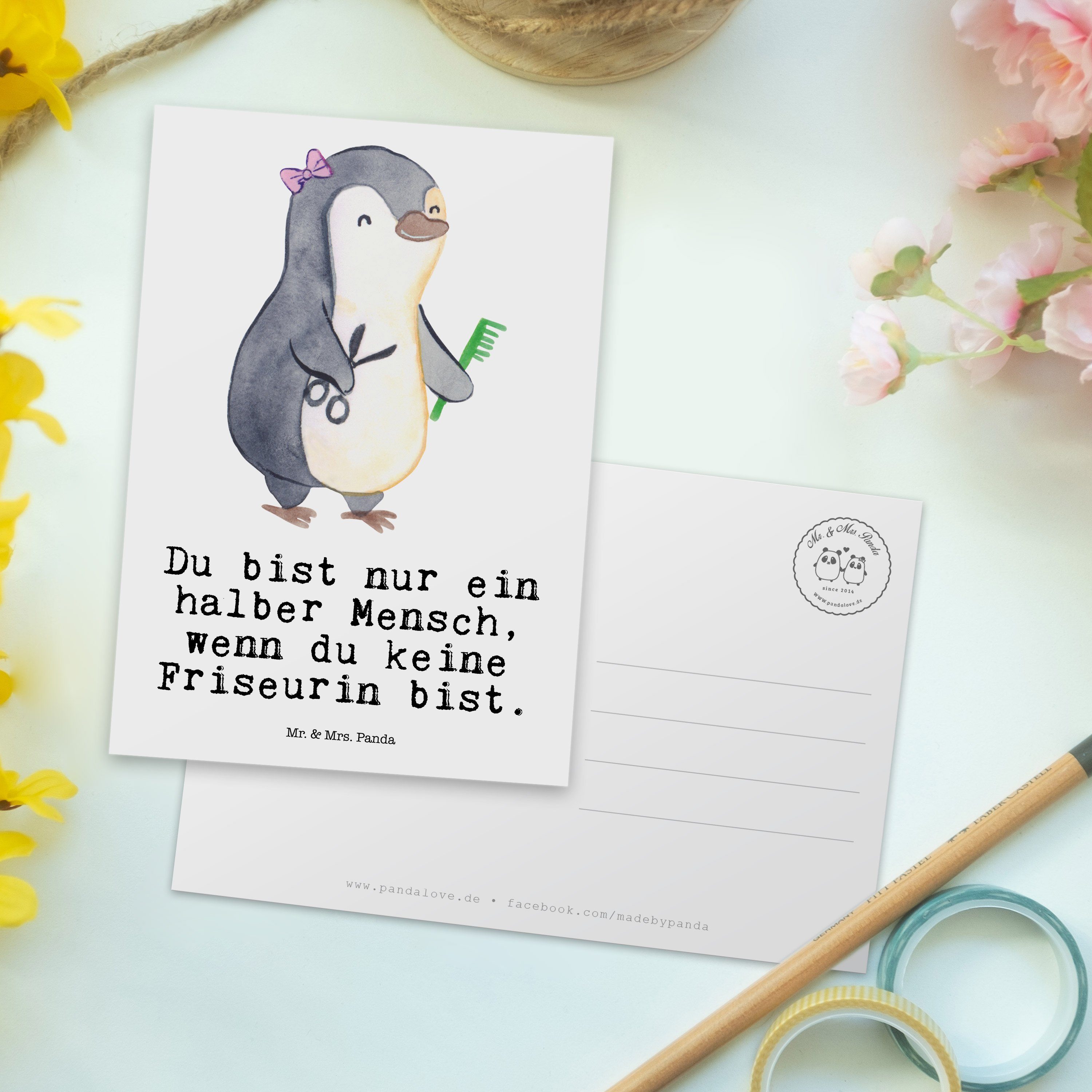 Gebu Mrs. Mr. & Herz Frisörbesuch, Geschenk, - Postkarte - Friseurin Dankeskarte, mit Panda Weiß