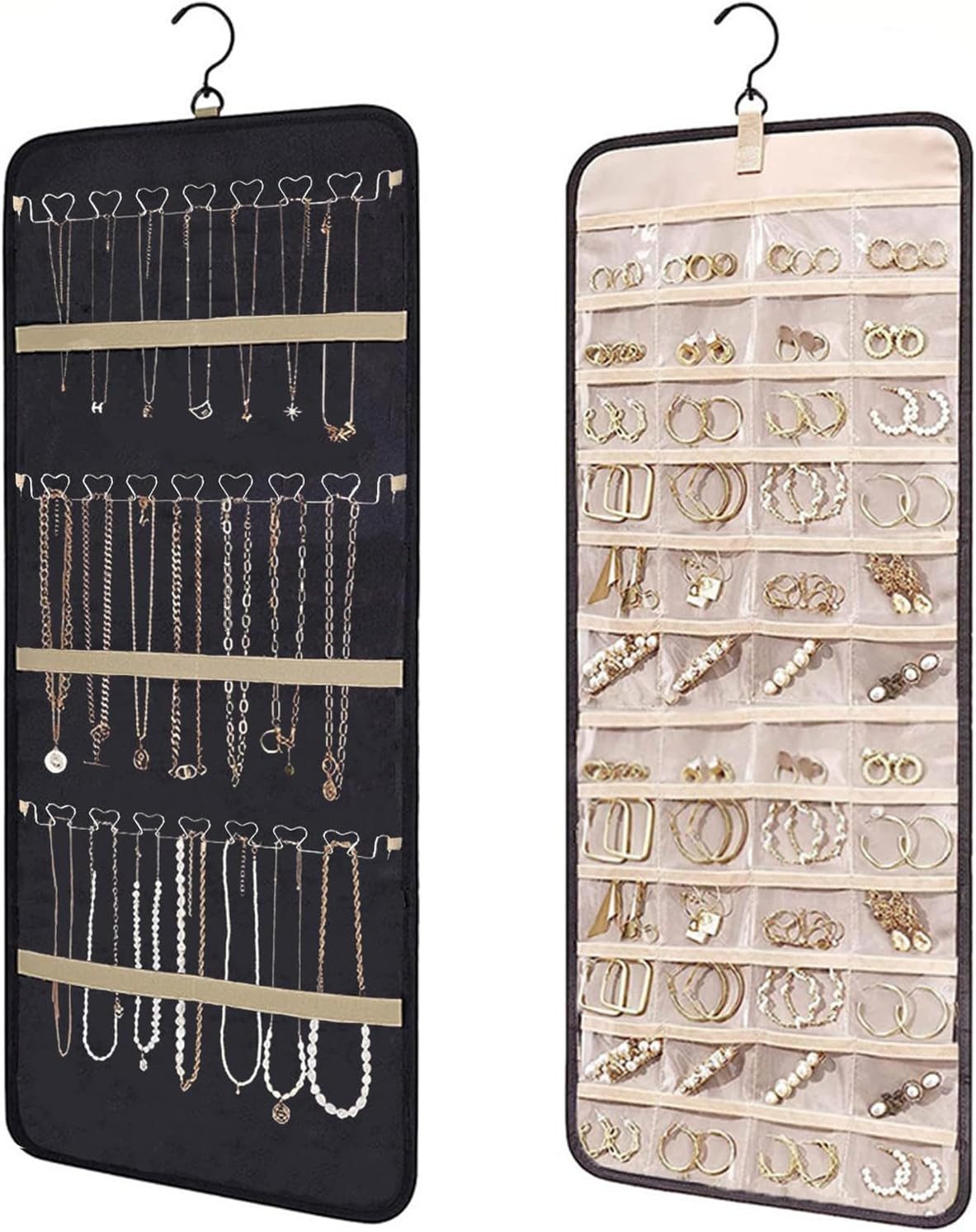 Coonoor Schmuckständer Schmuck-Organizer zum Aufhängen mit 32/48 Fächern und Metallhaken, Schmuckaufbewahrung Doppelseitige für Ohrringe Halsketten Ringe