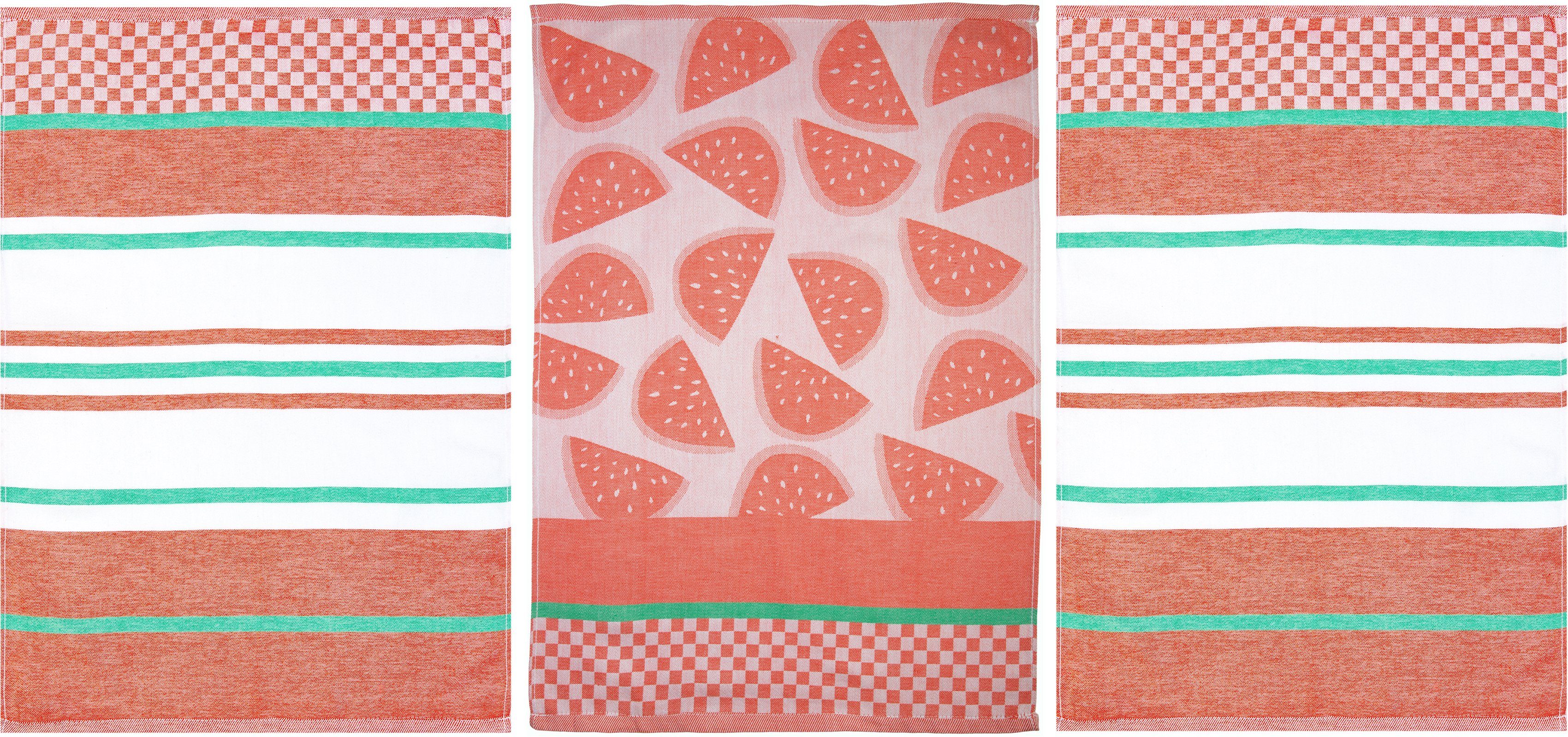 stuco Geschirrtuch Summer Fruits Melone, (Set, 3-tlg., 1x Geschirrtuch Früchte-Motiv,2 weitere Geschirrtücher Streifenoptik), Jacquardgewebe