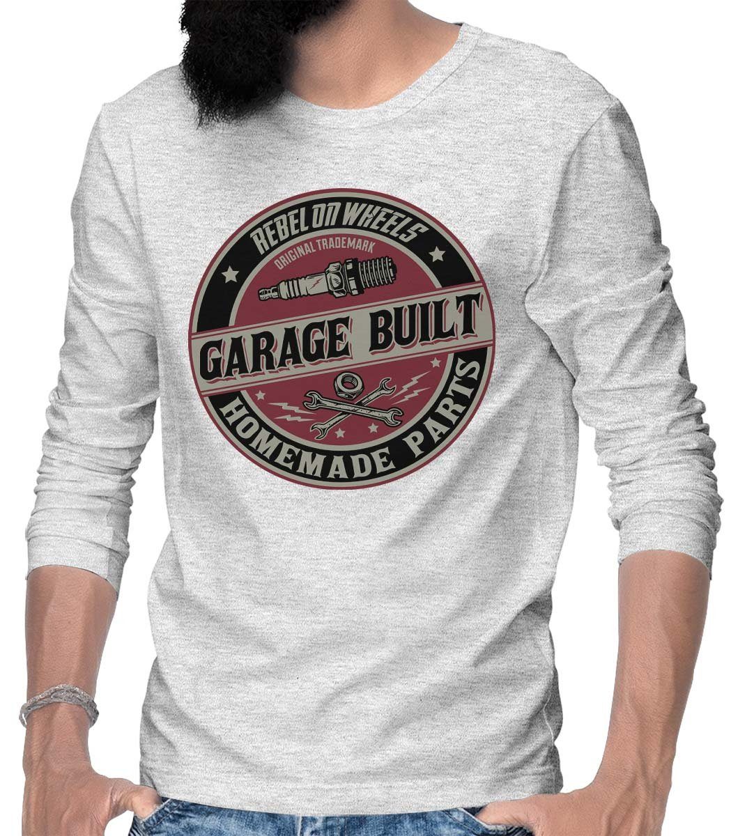 Rebel On Wheels Longsleeve Herren Langarm T-Shirt Longsleeve Tee Garage Built mit Auto / US-Car Motiv Grau Melange