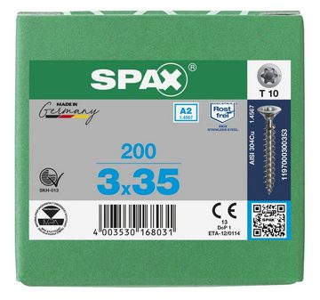 SPAX Spanplattenschraube Edelstahlschraube, (Edelstahl A2, 200 St), 3x35 mm