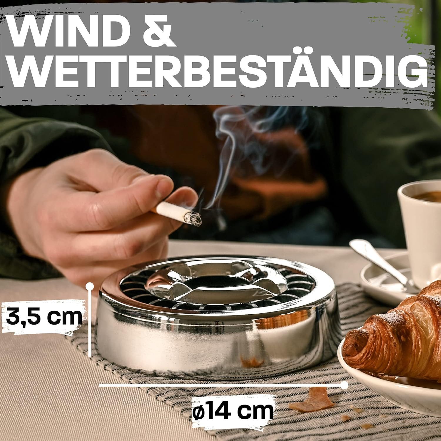 Praknu Aschenbecher 3 Gluttöter Aschenbecher Silber, Windgeschützt - Spülmaschinenfest - Wetterfest - Für Innen und Außen