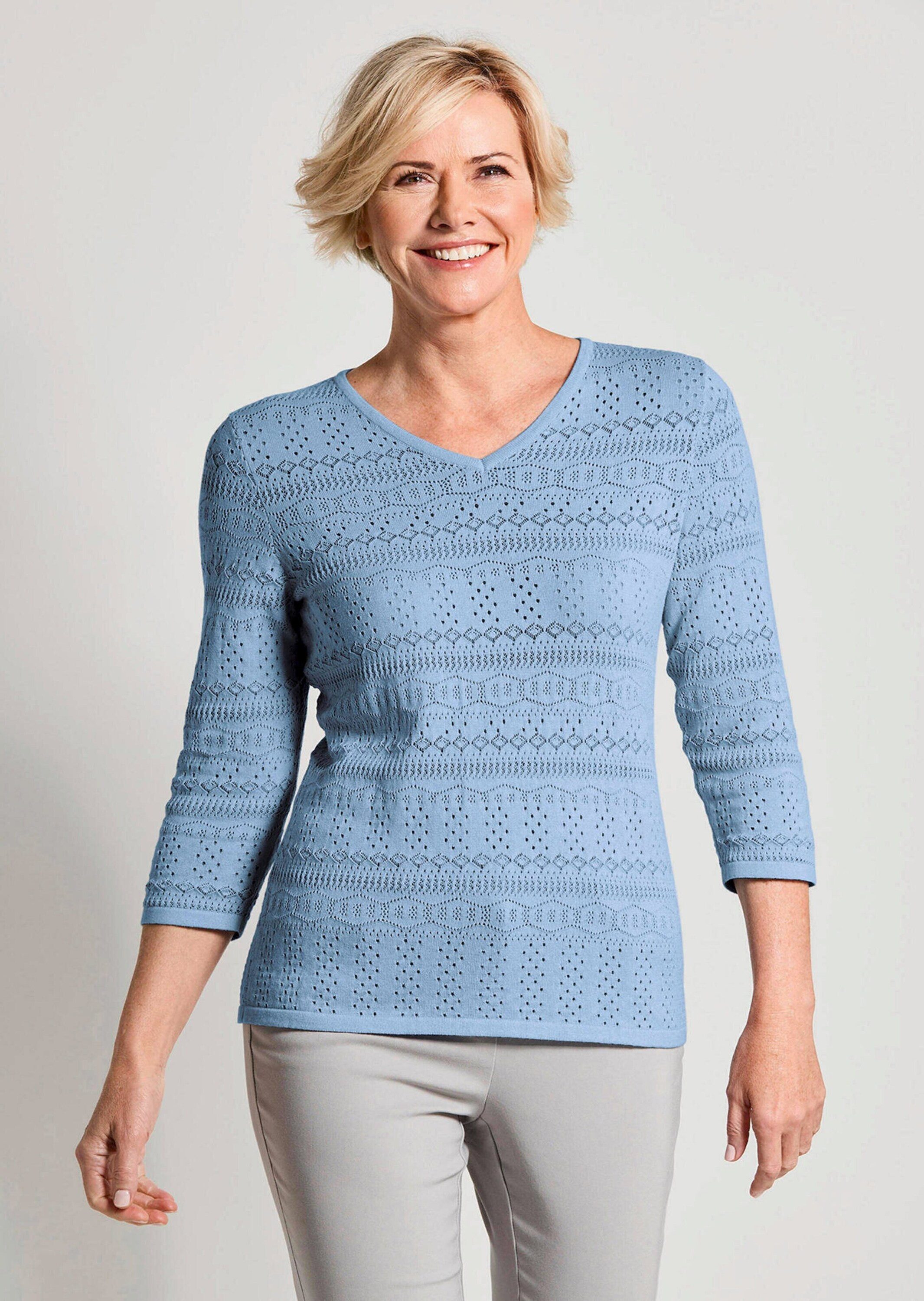 GOLDNER Strickpullover Kurzgröße: Sommerpullover mit V-Ausschnitt Baumwollpullover mit Ajourmuster, V-Ausschnitt und 3/4-Ärmeln