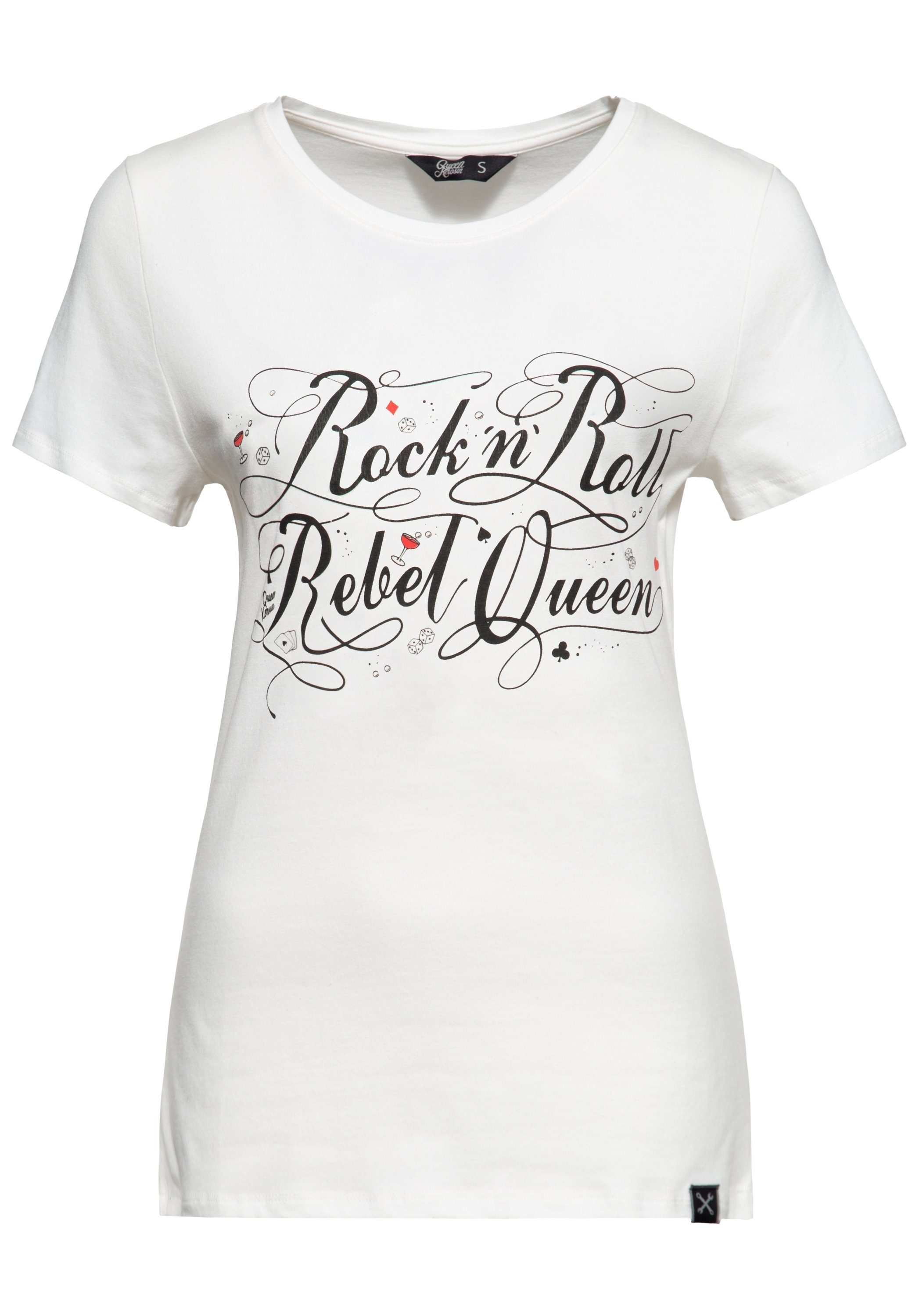 Print-Shirt mit Statement (1-tlg) Print Vintage QueenKerosin Queen Rock'n'Roll Rebel weiß Front