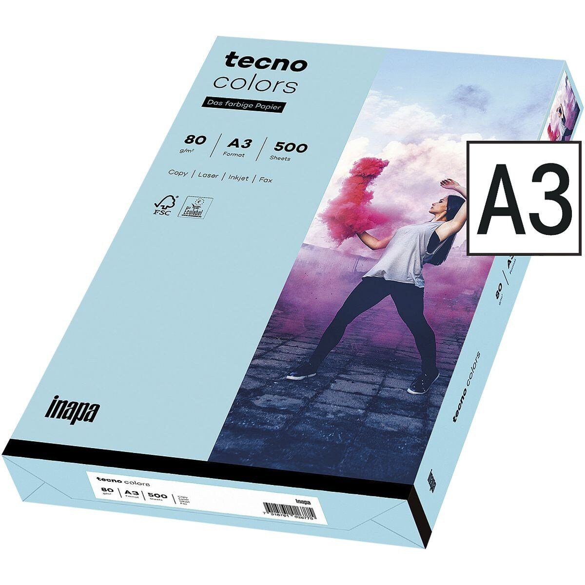 DIN Rainbow Format g/m², 80 tecno Kopierpapier mittelblau 500 Inapa Colors, A3, Pastellfarben, Drucker- und tecno Blatt /