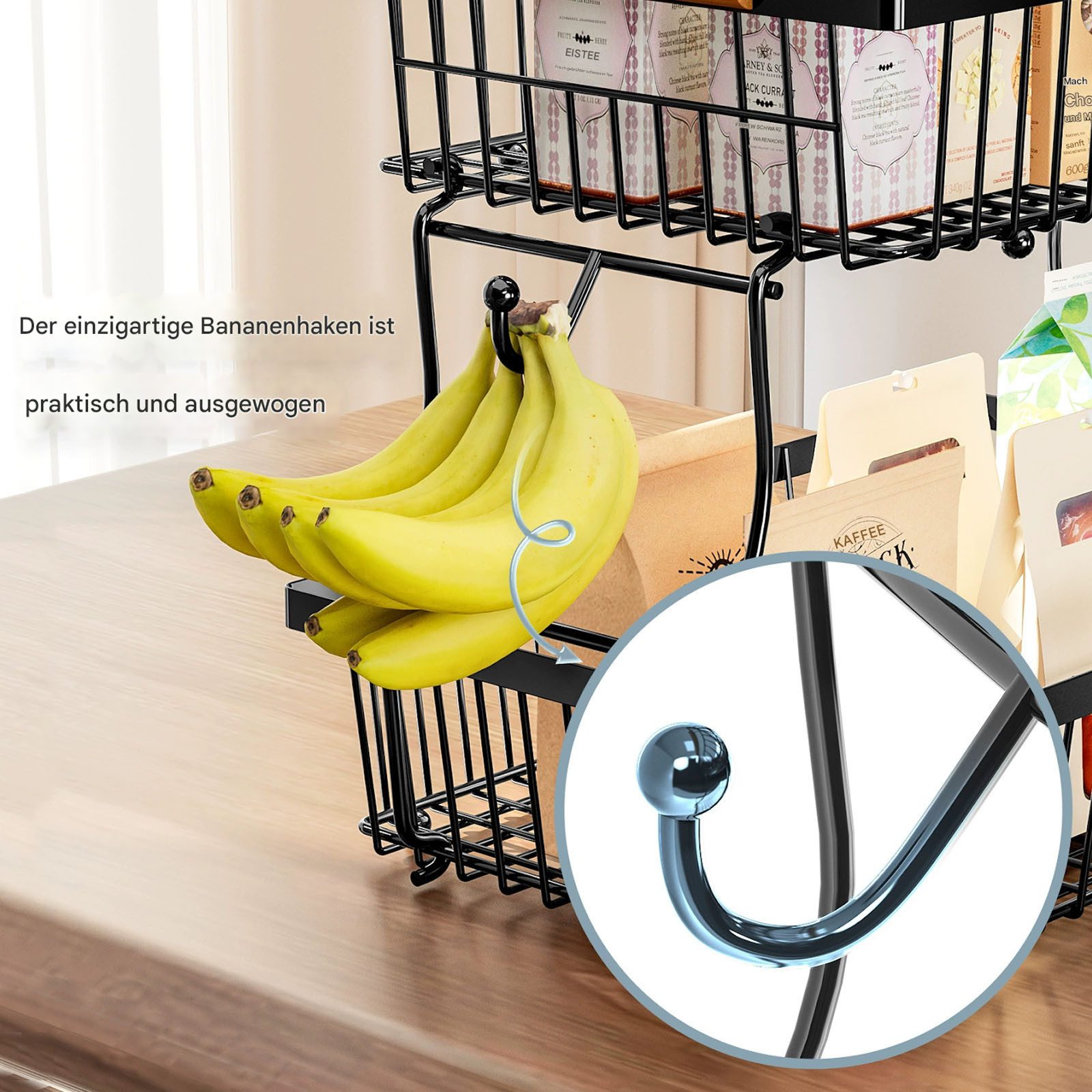 SURFOU Obstschale 2-stöckiger Obstkorb mit haken abnehmbar Metall Organizer Obst Etagere, Kohlenstoffstahl, (mit Holzgriff und 2 Bananenhängern, für Obst, Gemüse, Brot, Snacks,Kosmetik, Toilettenartikel und mehr, für Küchenarbeitsplatte, Wohnzimmer, und Badezimmer, 1-tlg), Kohlenstoffstahl, rostfreie Beschichtung, langlebig, große Kapazität