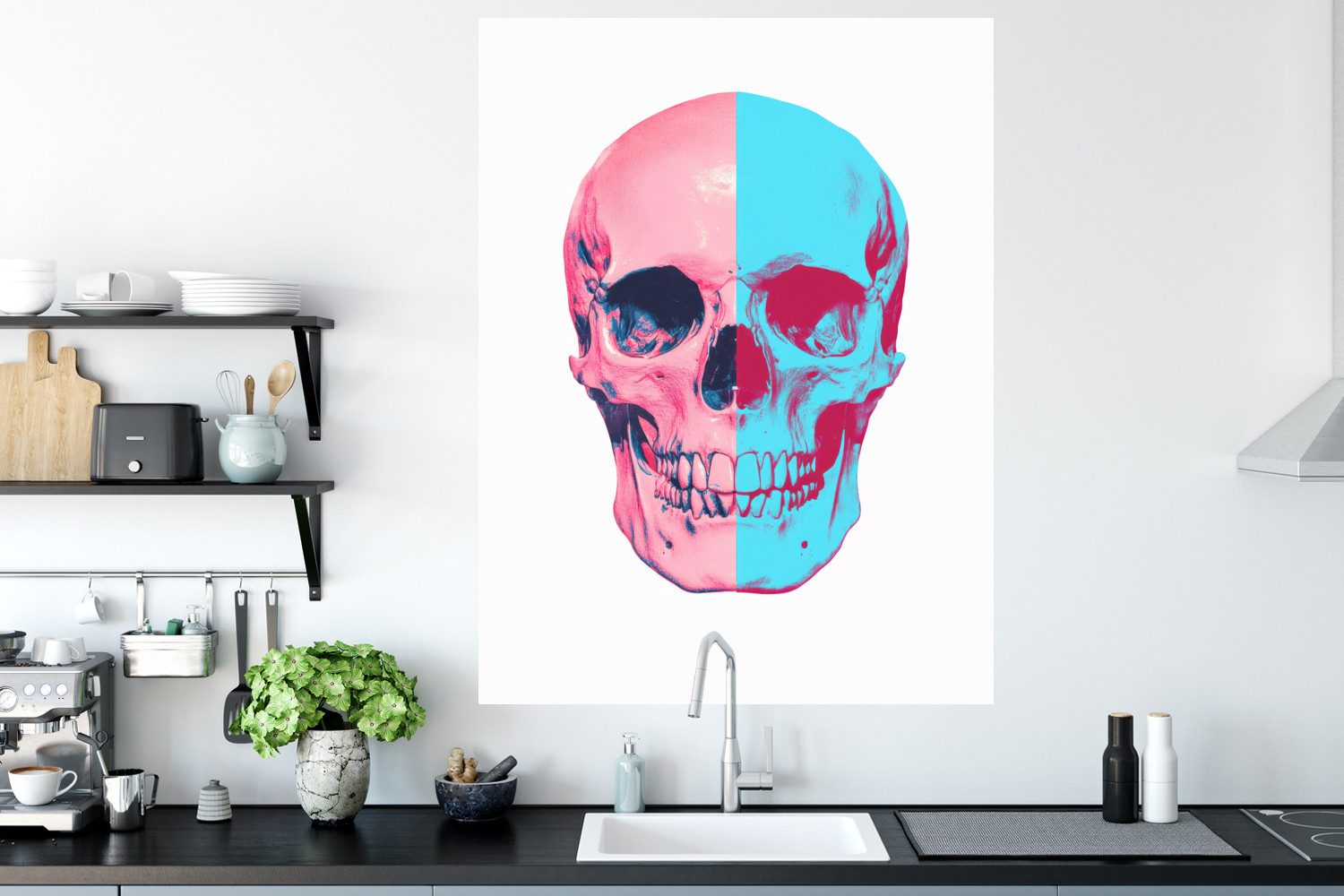MuchoWow Wandsticker Totenkopf - Grafik - Rosa - Geteilt (1 St), Wanddeko, Aufkleber, Wandtattoo, 90x120 cm