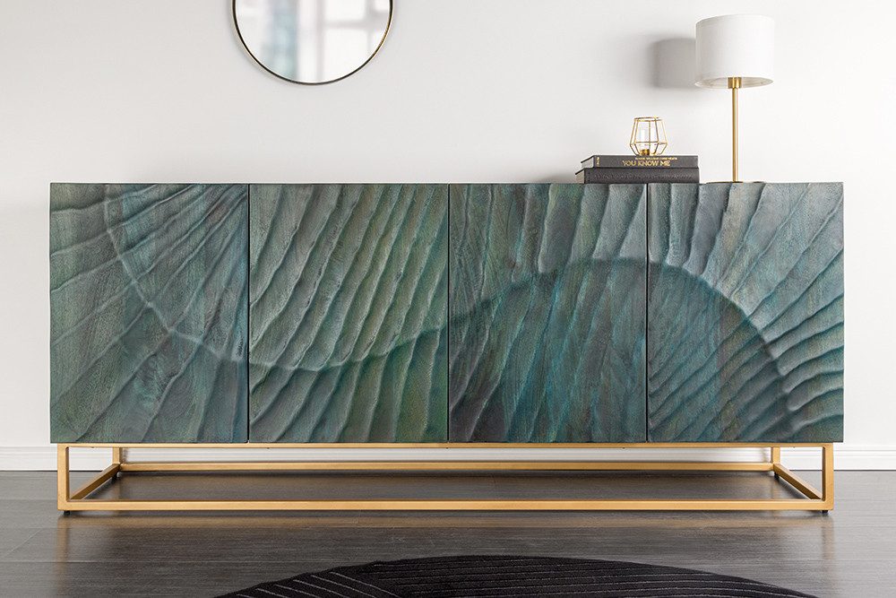 riess-ambiente Sideboard SCORPION 180cm türkis / gold · Anrichte aus Mango-Massivholz, Metall-Gestell · Kommode mit 4 Fächern · 3D Schnitzereien · Wohnzimmer – Bild 4 von 5