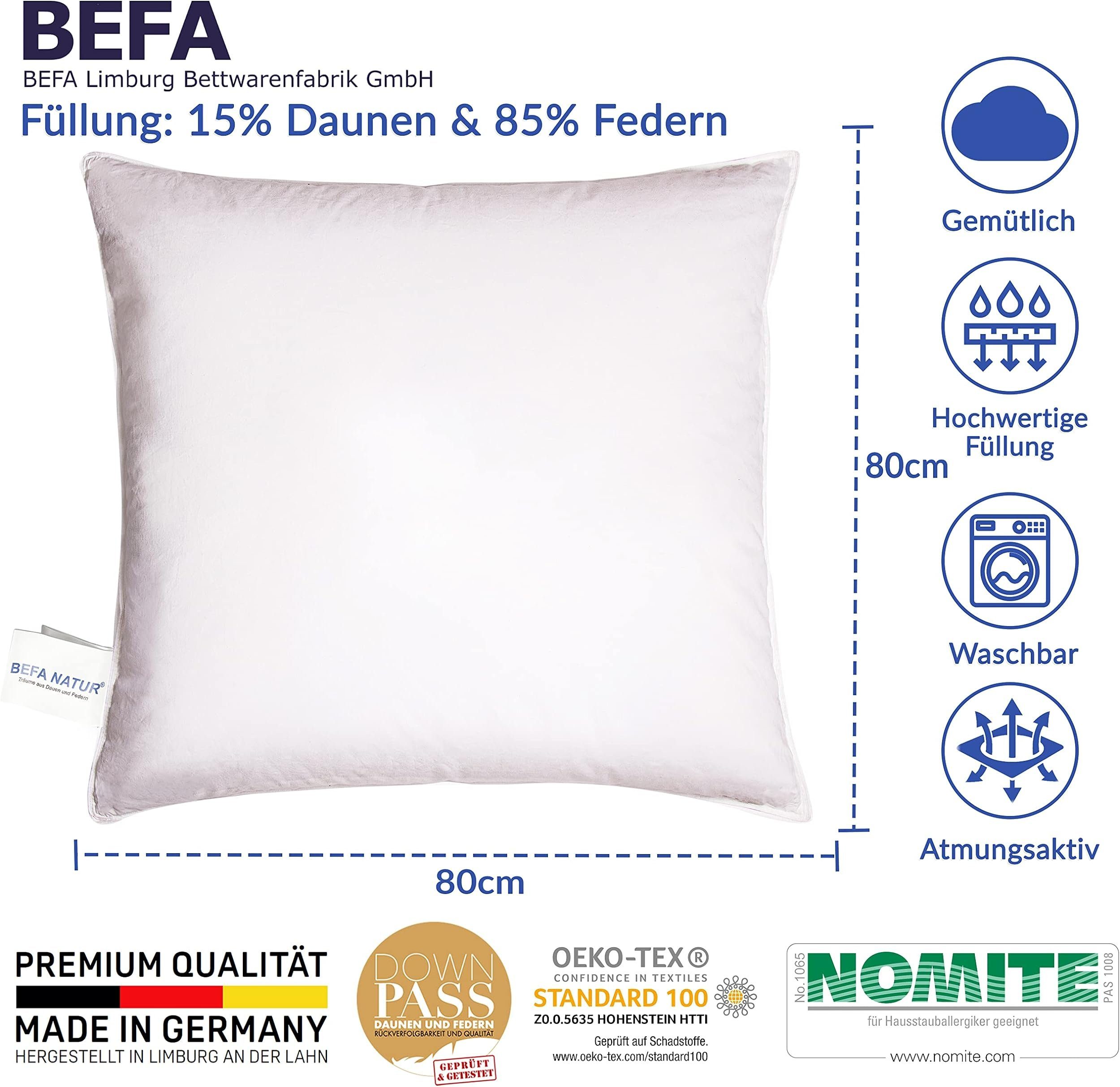 BEFA NATUR Federkissen Deluxe mit weichen Daunenanteil veredelt 80x80 cm Feder-Daunenkissen, Füllung: 15% Daunen, 85% Federn, Bezug: Baumwolle, Seitenschläfer, Rückenschläfer, Spar-Set, 1 tlg., Made in Germany - himmlischer Schlafkomfort - Allergiker geeignet