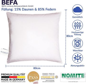 Daunenkissen kuscheliges Premium Daunenkopfkissen (mit 15% Daunenanteil) 80 x 80 cm, BEFA NATUR, Füllung: 15% Daunen, 85% Federn, Seitenschläfer, Bauchschläfer, Rückenschläfer, Spar-Set, 1 oder 2 tlg., Made in Germany - himmlischer Schlafkomfort - Allergiker geeignet