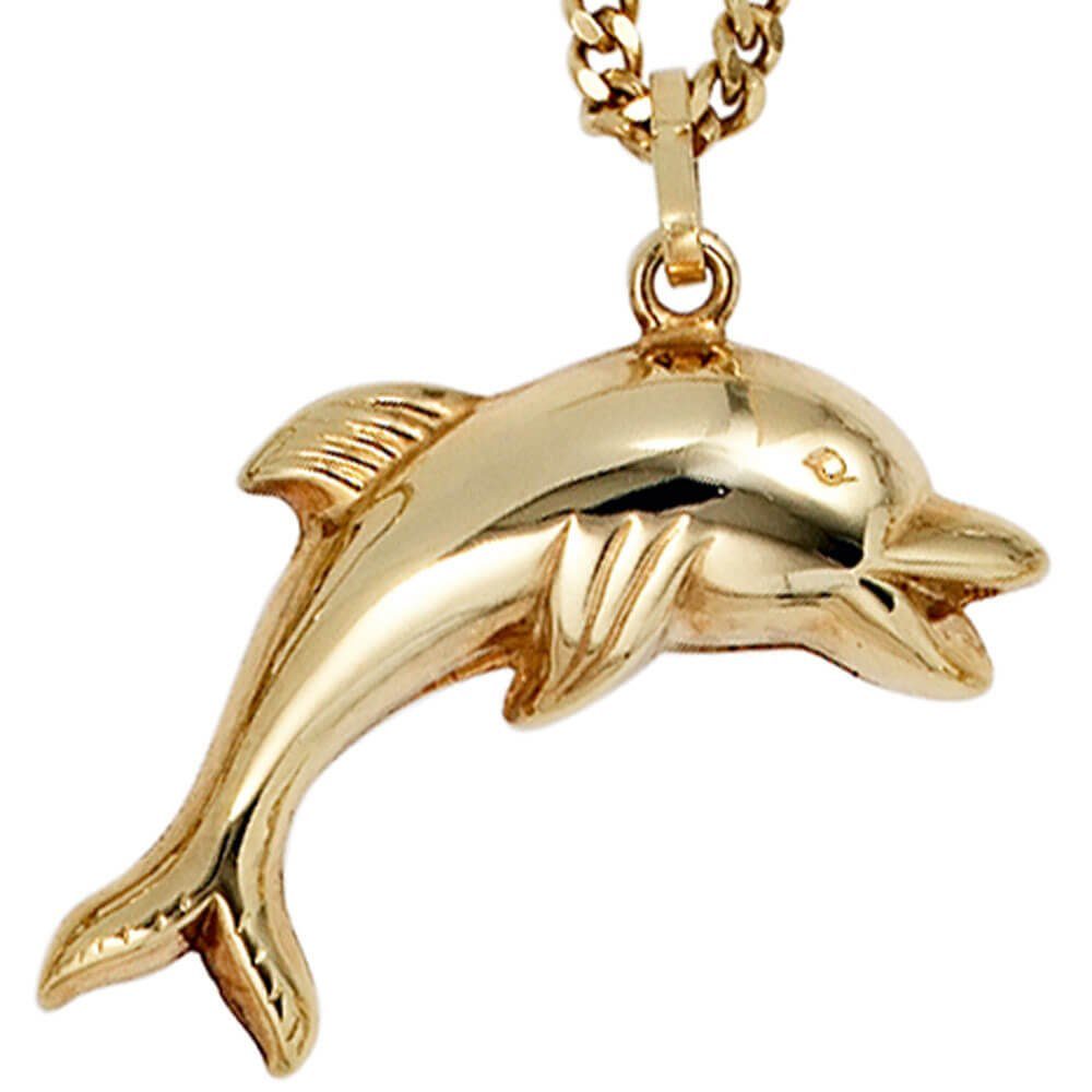 Gold Schmuck Kettenanhänger springender Gelbgold Anhänger Delfin Krone 333 Gold 333 Delphin Halsschmuck,