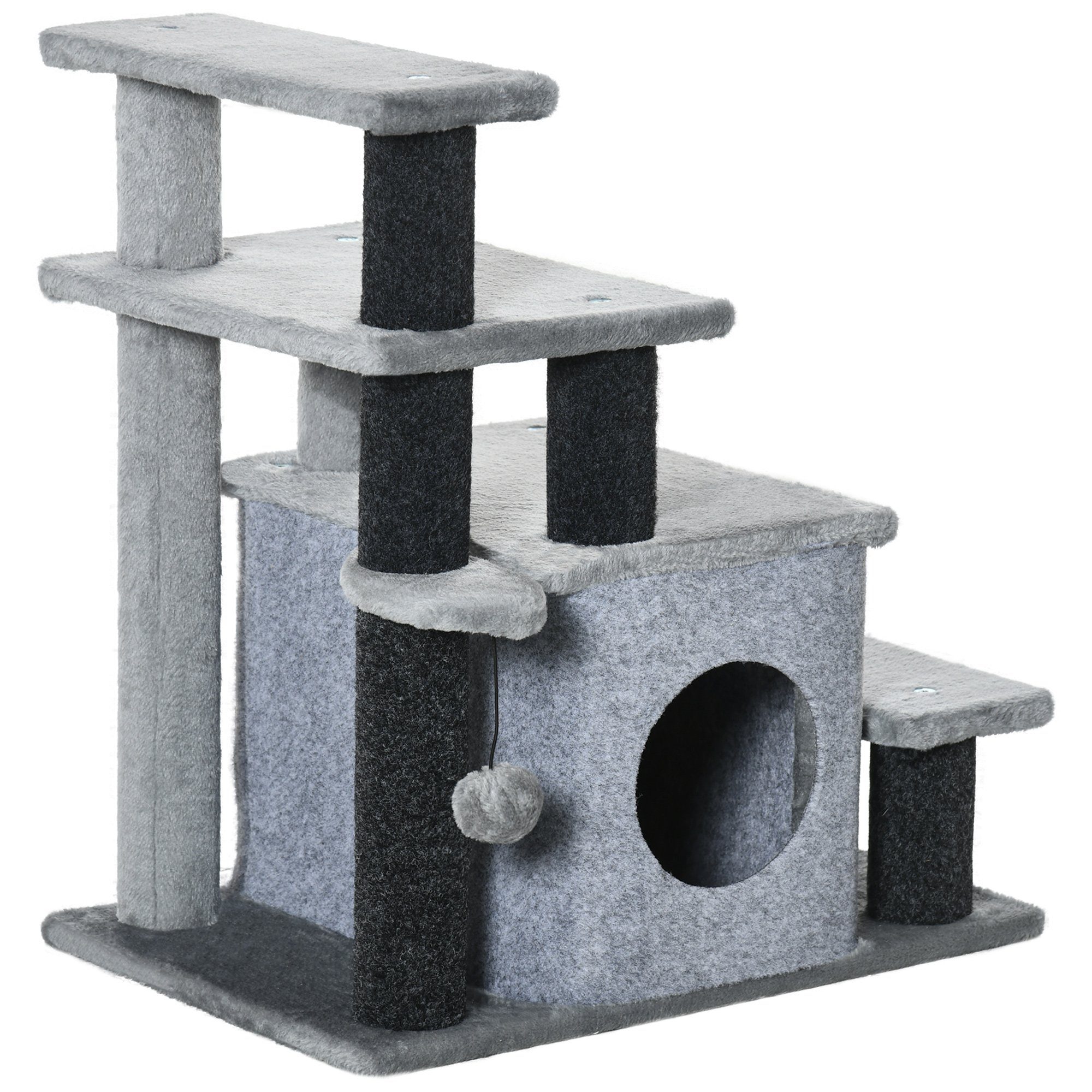 PawHut Haustiertreppe 3/4-stufige höhenverstellbare Katzentreppe, Grau (Set, 1-St., mit Schlafhöhle 2 in 1 praktische), 60L x 40B x 66H cm