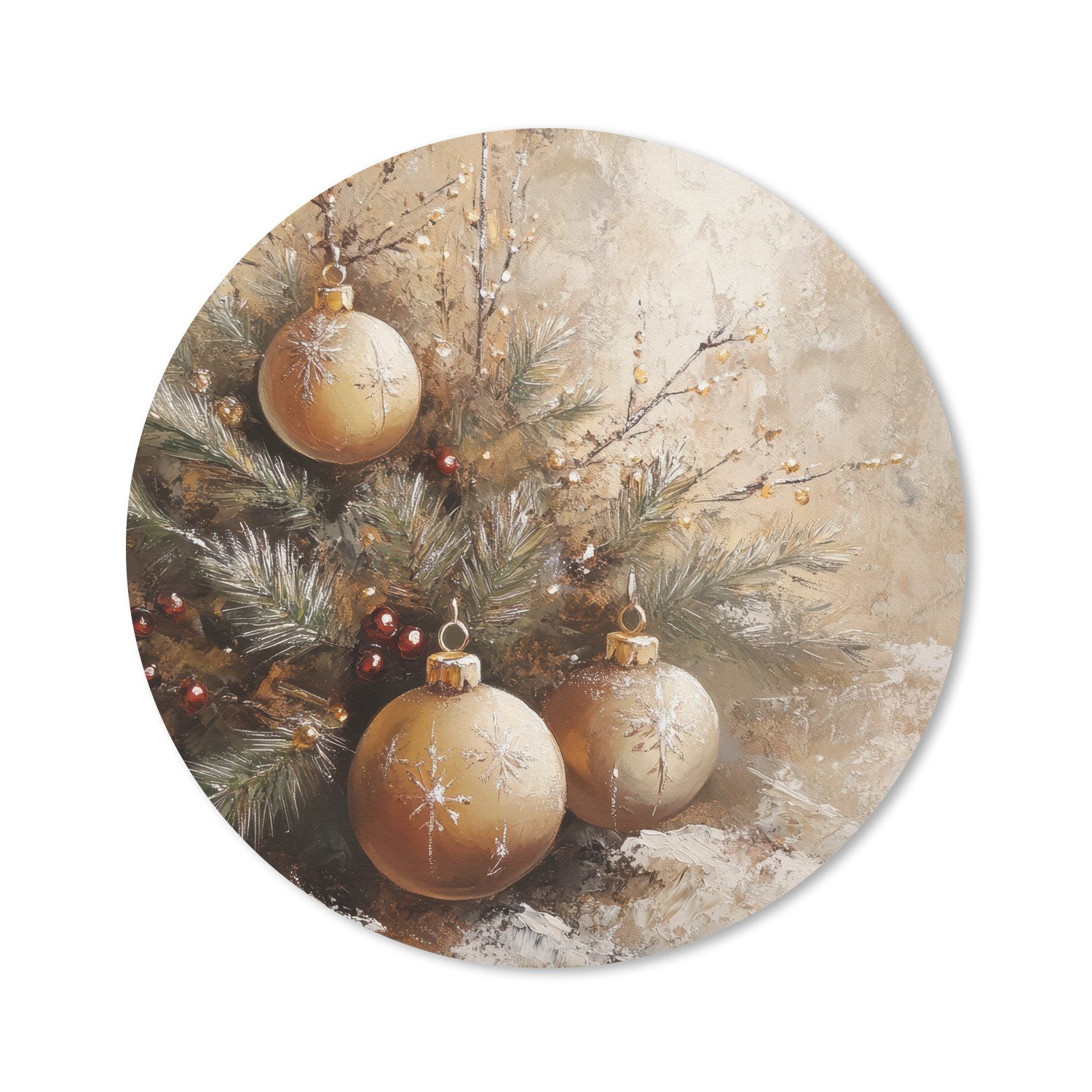 MuchoWow Mauspad Weihnachten - Kugeln - Beige - Gold (1-St), Gaming, Rutschfester Unterseite, Mausunterlage, Rund 50x50 cm