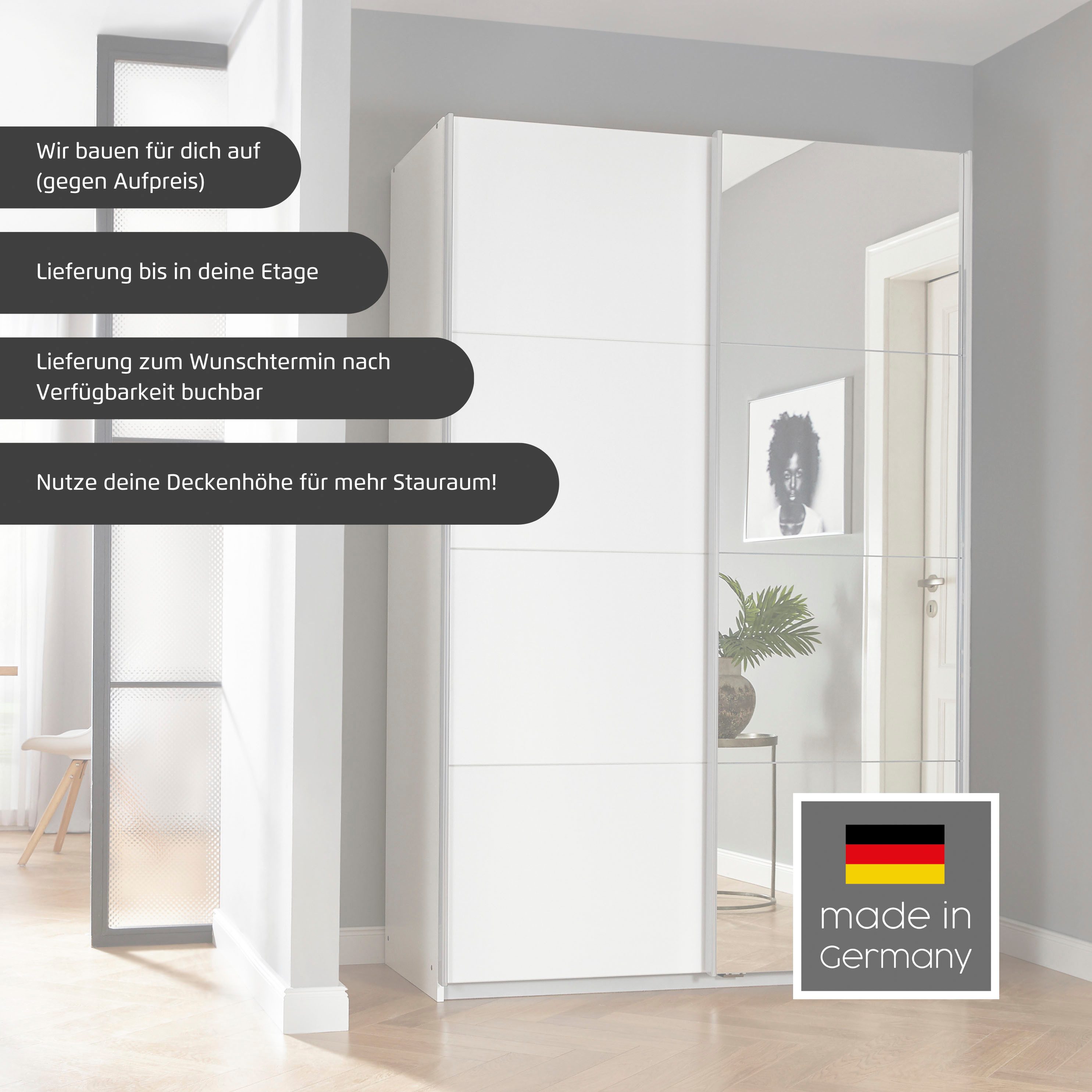 OTTO home Schwebetürenschrank Kleiderschrank Schrank Garderobe Schlafzimmerschrank THANOS (3 verschiedene Ausstattungen BASIC/CLASSIC/PREMIUM (inkl. SOFT-CLOSE) Optional mit Spiegel, Metall-Griffleisten alufarben MADE IN GERMANY