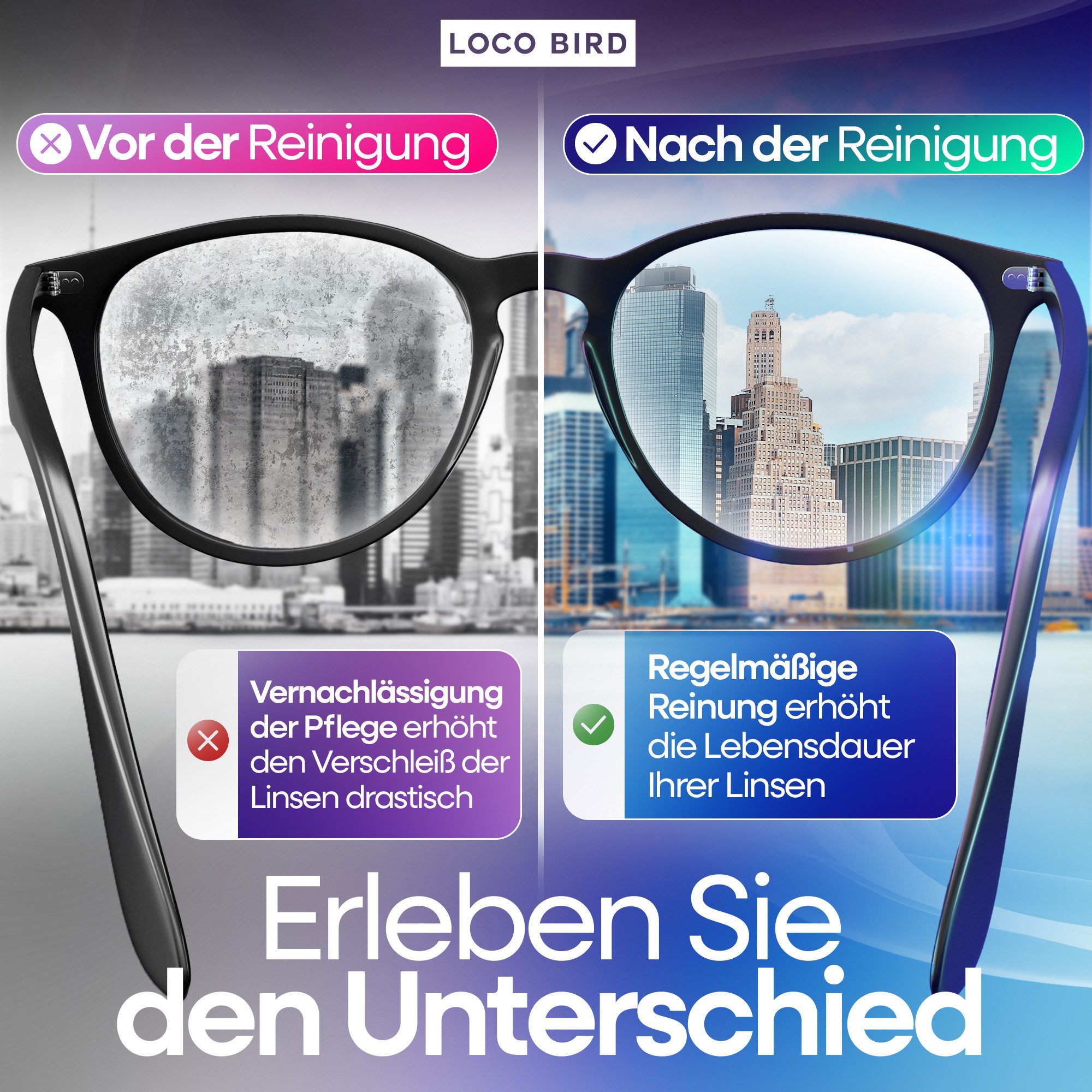 Loco Bird Brillenputztuch Microfaser in Optikerqualität - Brillenputztücher - Reinigungstücher (15x17 cm, - 8er Set, Brillentücher in Grau, Mikrofasertuch, Mikrofasertücher für Brille & Display, Microfasertuch)